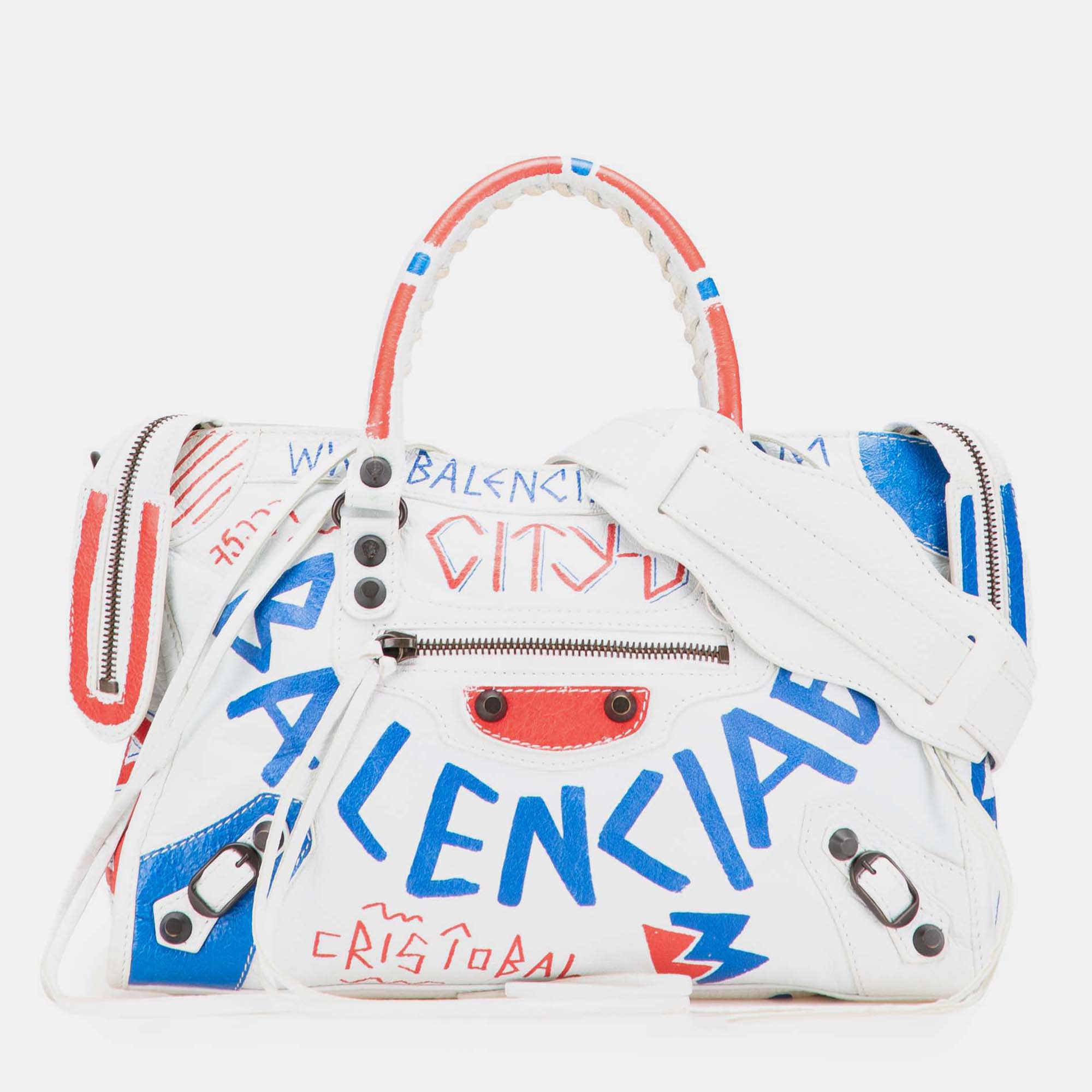 

Balenciaga White Small Lambskin Motocross Graffiti All Over Classic City Satchel