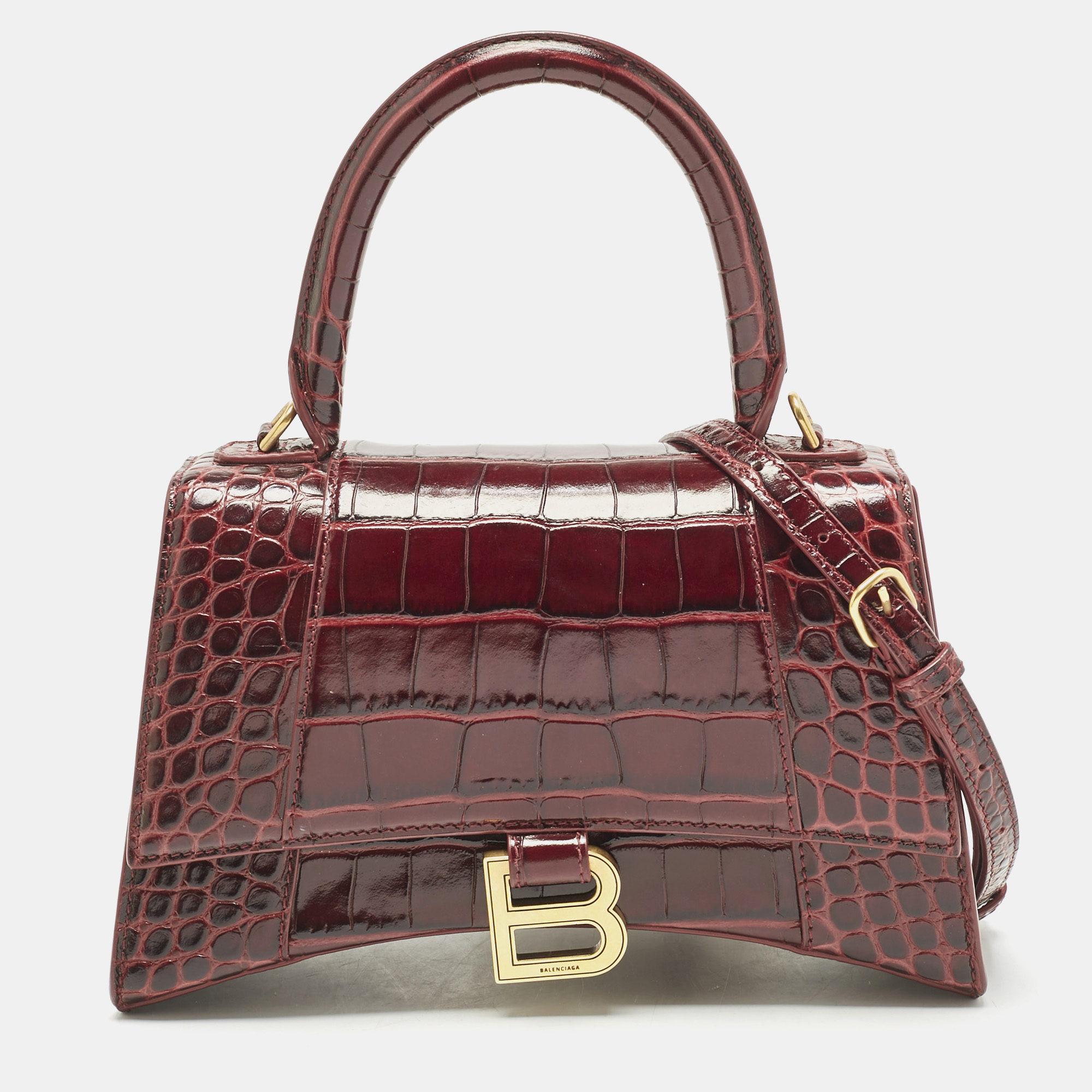

Balenciaga Burgundy Croc Embossed Leather  Hourglass Top Handle Bag