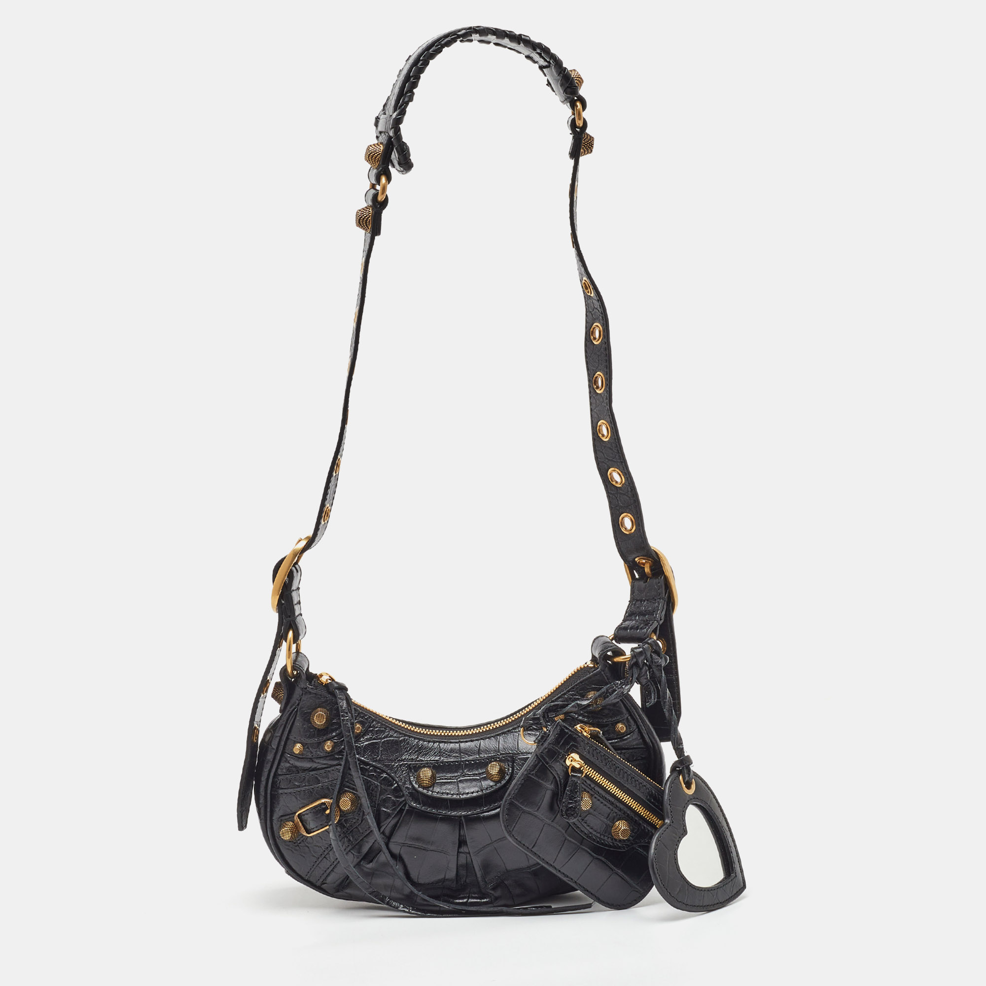 

Balenciaga Black Croc Embossed Leather  Le Cagole Shoulder Bag