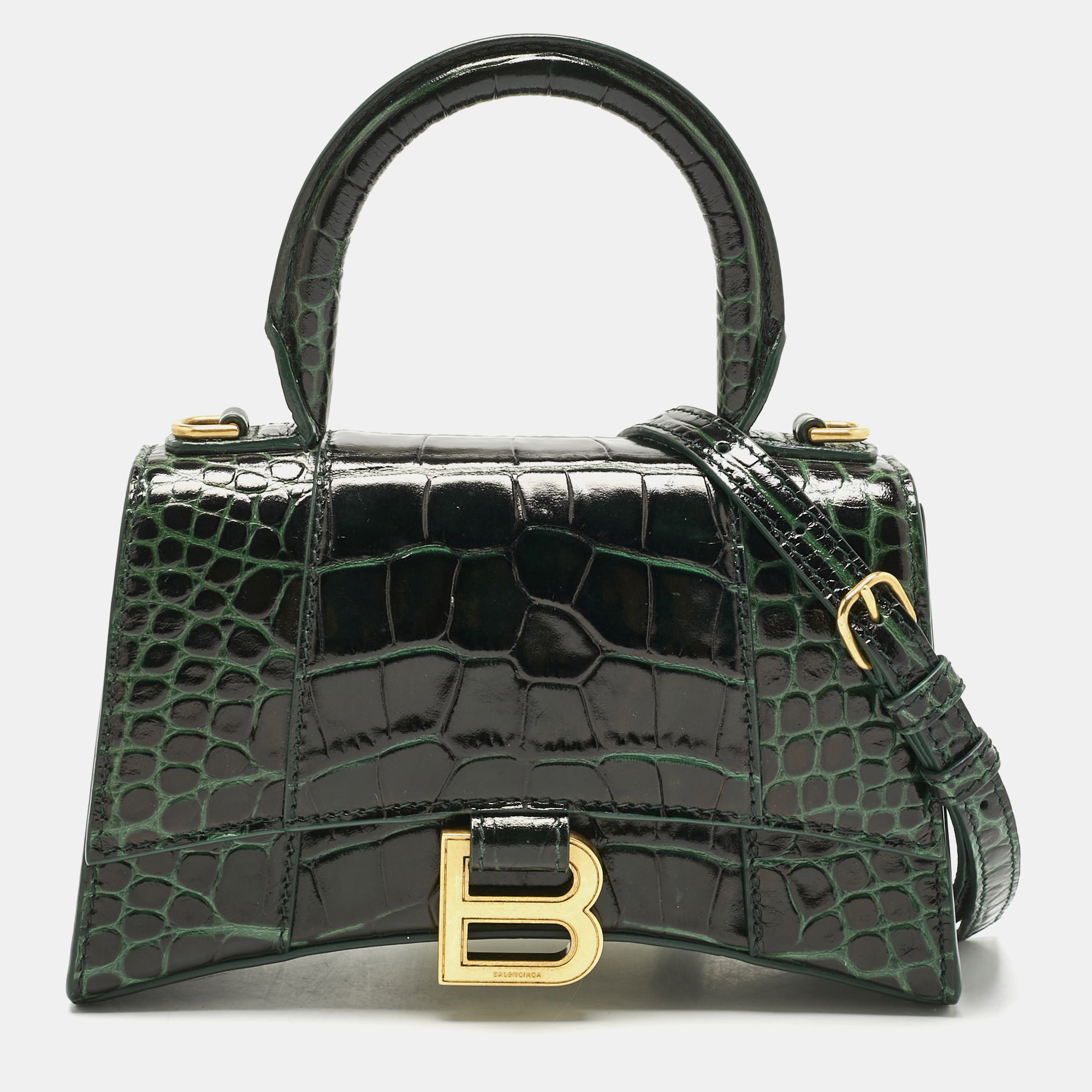 

Balenciaga Green Croc Embossed Leather  Hourglass Top Handle Bag
