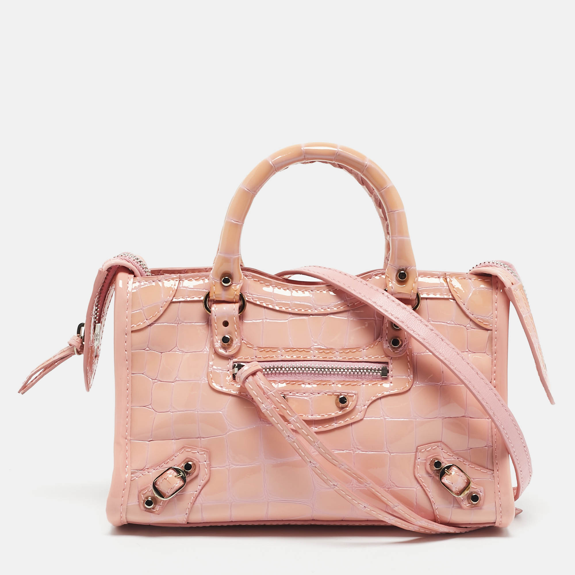 

Balenciaga Pink Croc Embossed Patent Leather Nano Classic City Tote