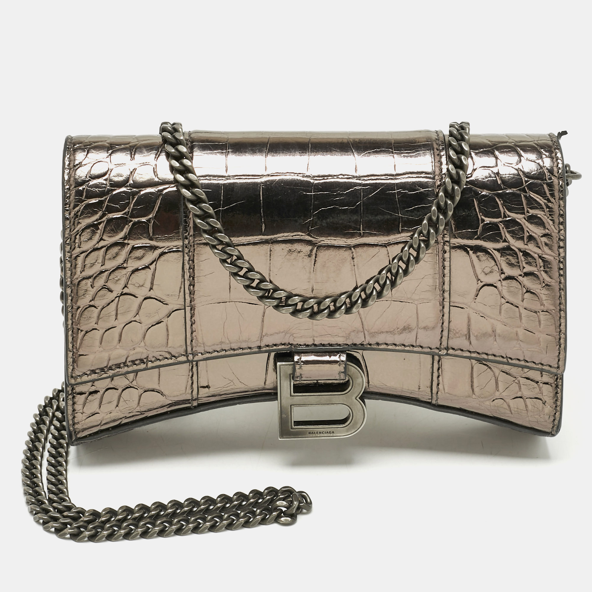 

Balenciaga Metallic Grey Croc Embossed Leather Hourglass Wallet on Chain