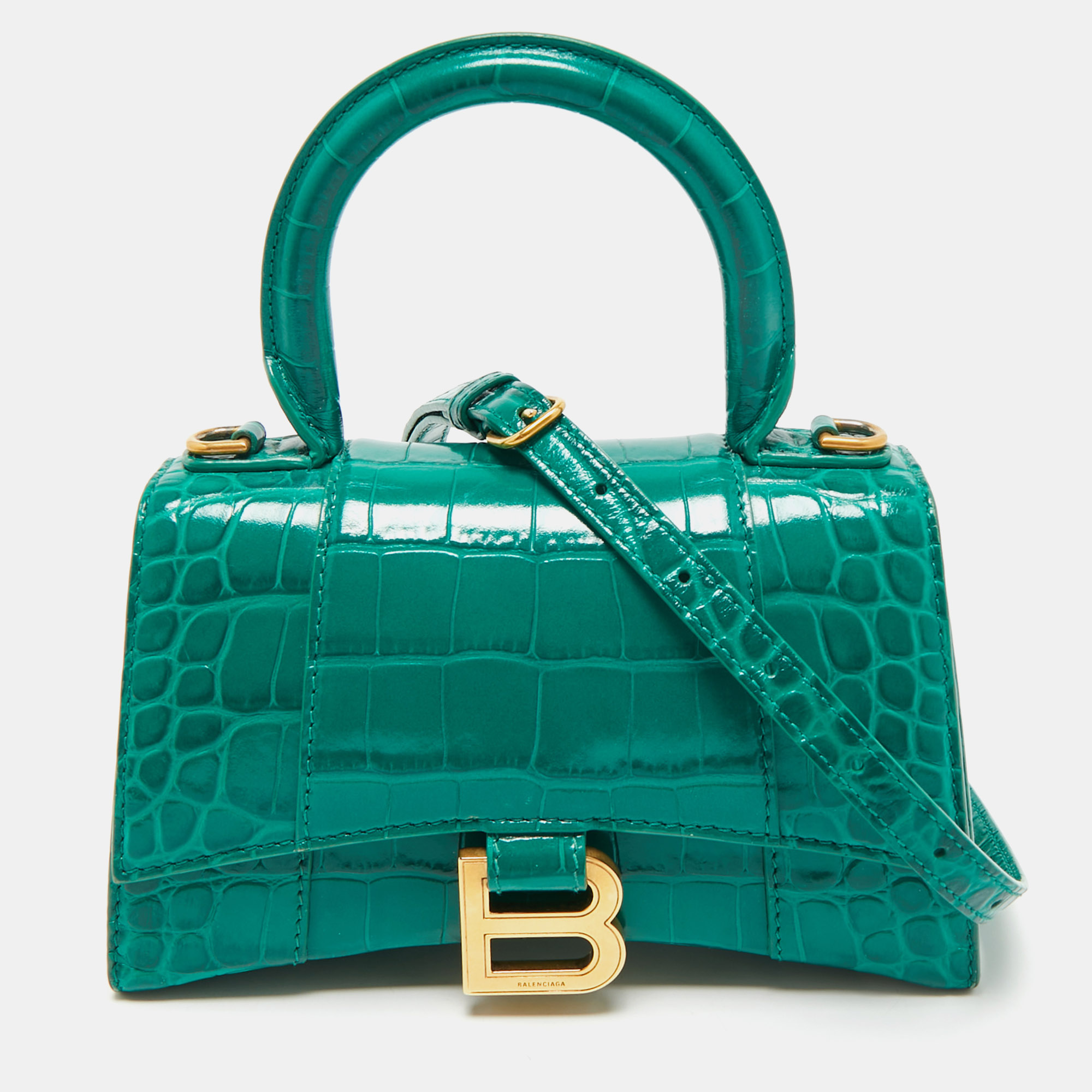 

Balenciaga Green Croc Embossed Leather  Hourglass Top Handle Bag