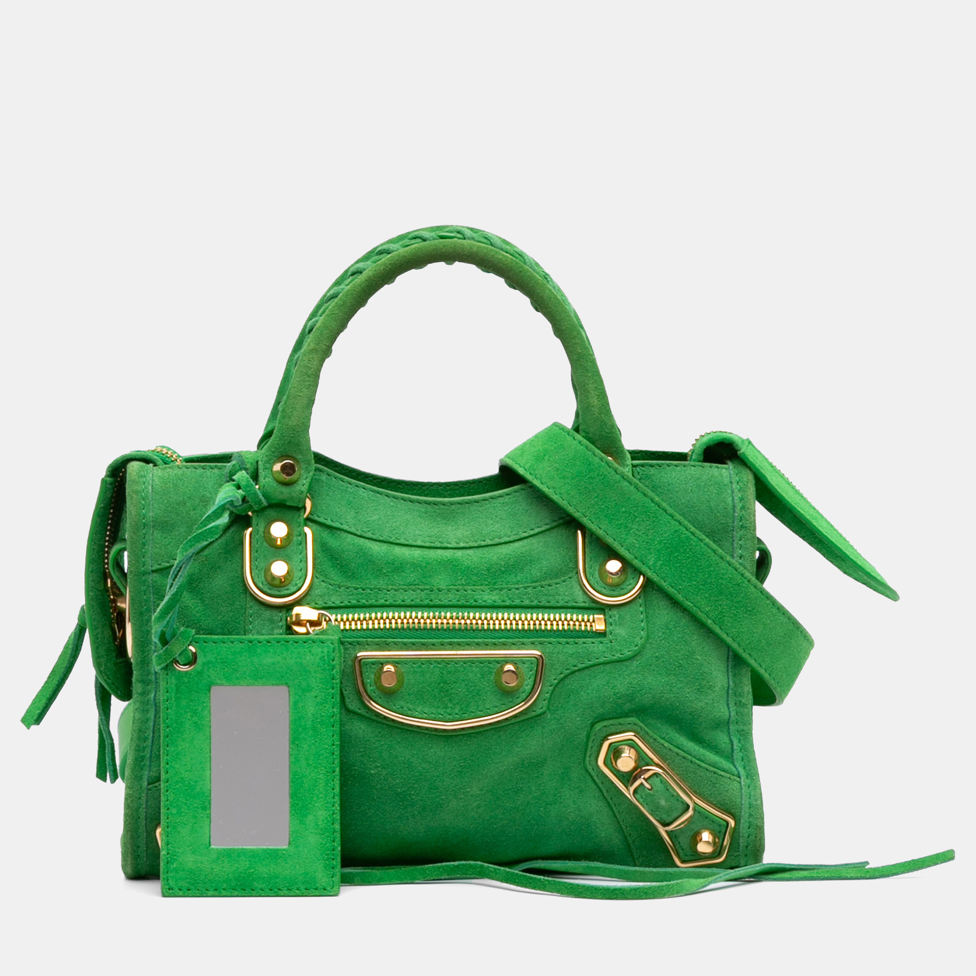

Balenciaga Green Mini Suede Motocross Classic Metallic Edge City Satchel