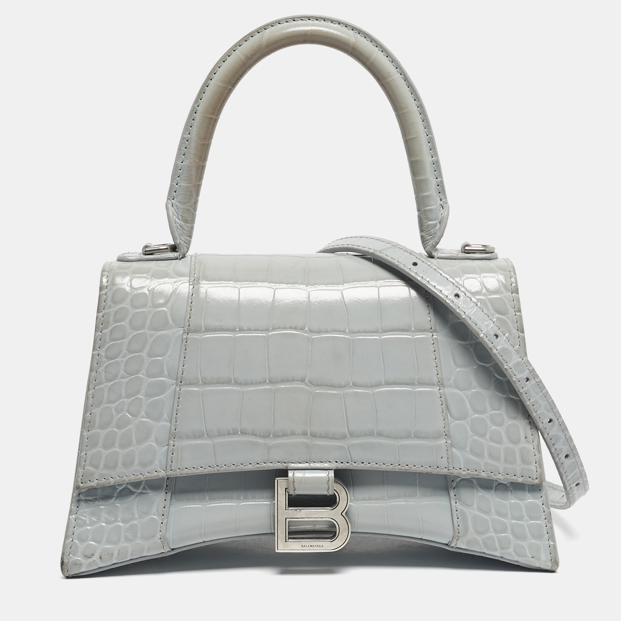 Pre-owned Balenciaga Light Blue Croc Embossed Leather Small Hourglass Top Handle Bag