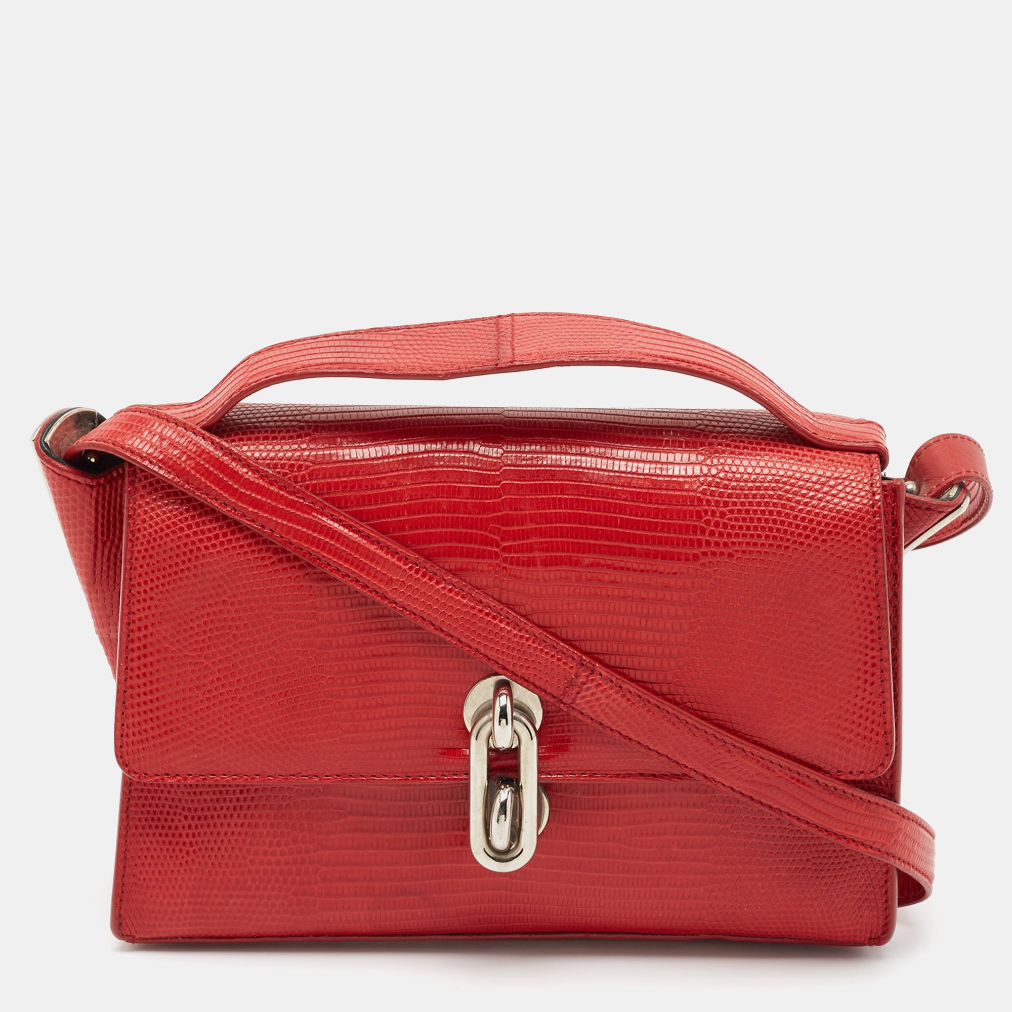 

Balenciaga Red Lizard Embossed Leather Mini Trapeze Maillon Top Handle Bag