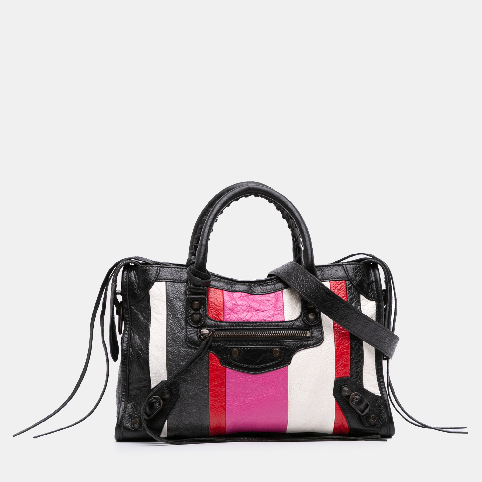 

Balenciaga Black Multicolor Small Lambskin Motocross Striped Classic City Satchel