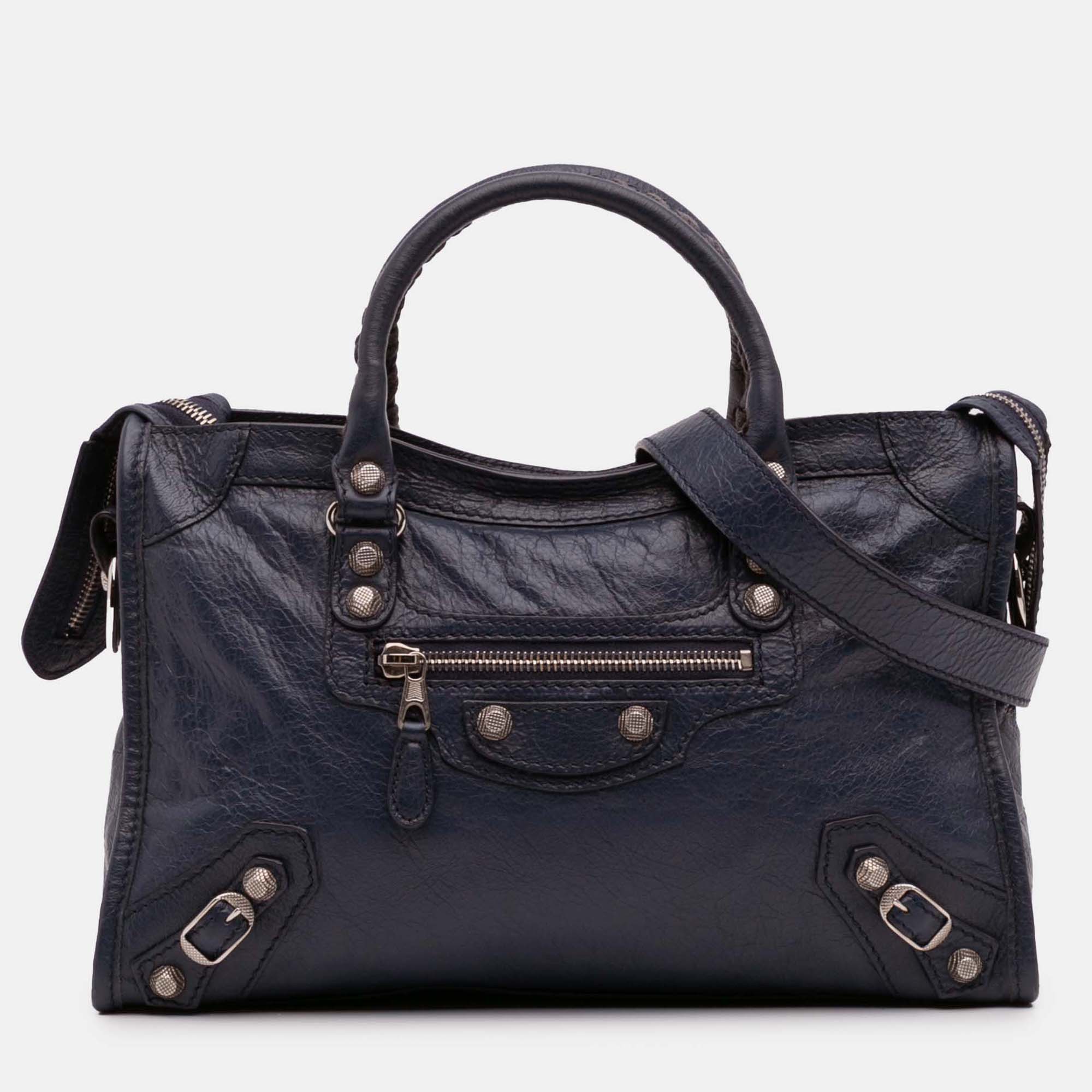 

Balenciaga Navy Blue Small Lambskin Motocross Classic City Giant 12 Satchel