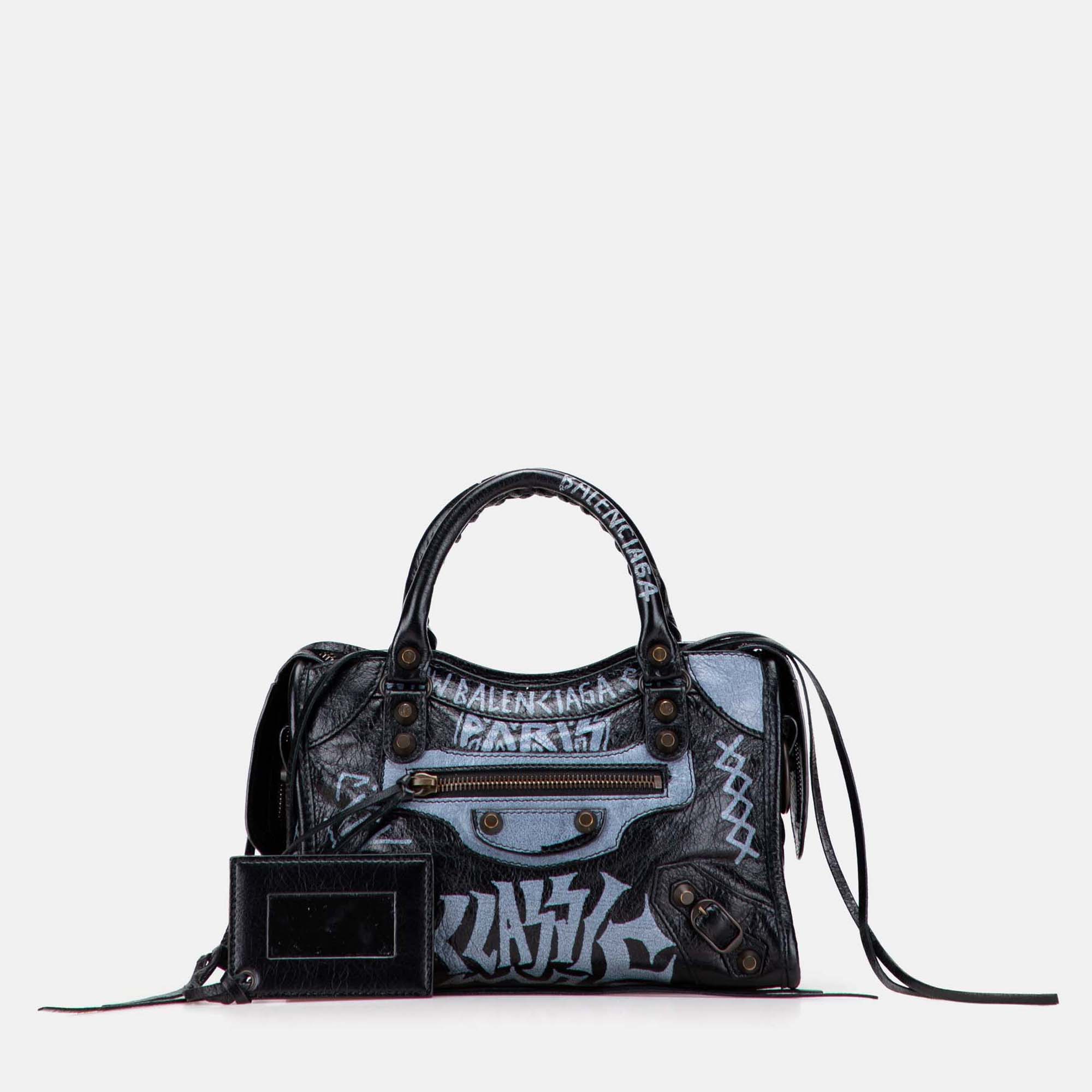 

Balenciaga Black Blue Mini Lambskin Motocross Graffiti Classic City Satchel