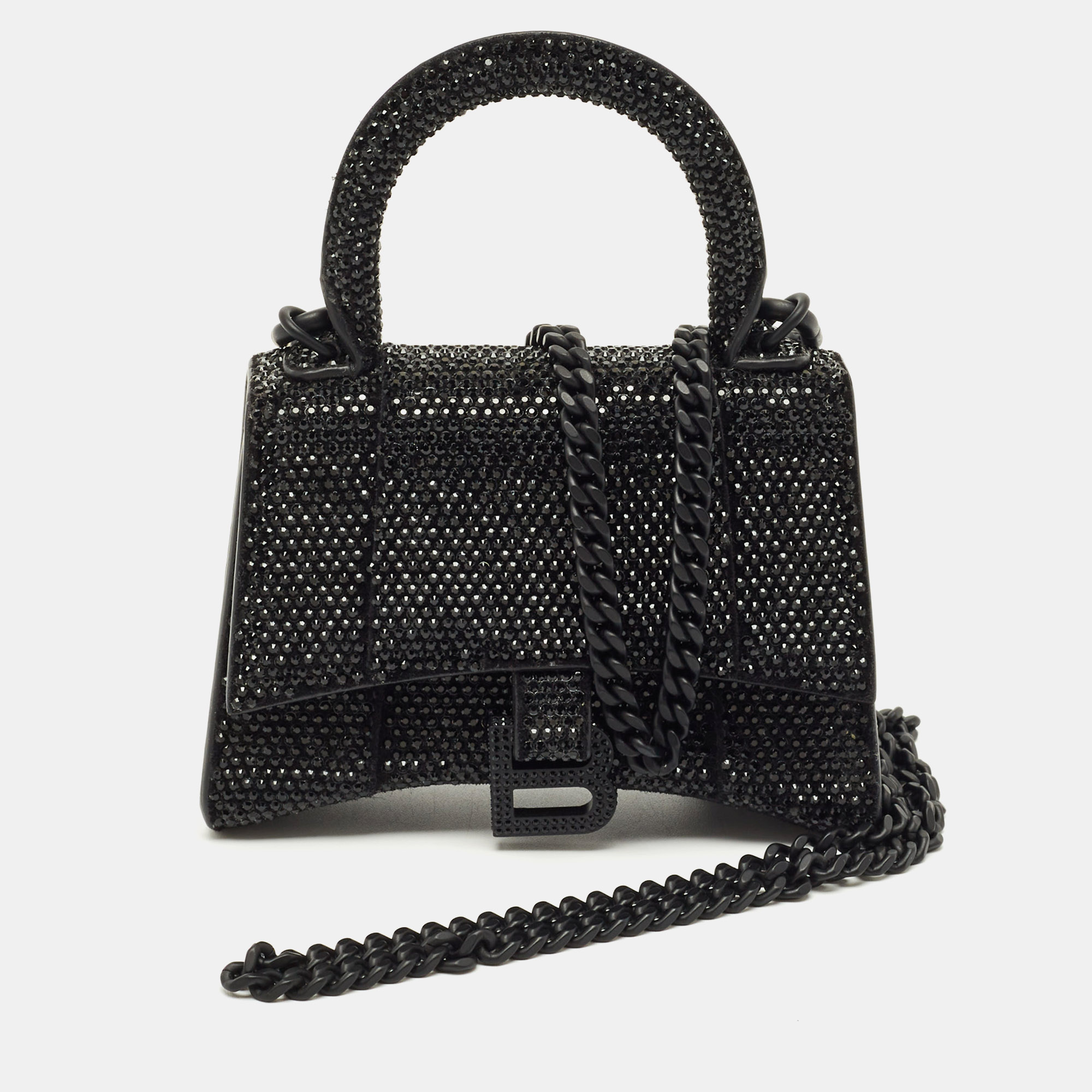 

Balenciaga Black Suede Crystal Embellished Nano Hourglass Top Handle Bag