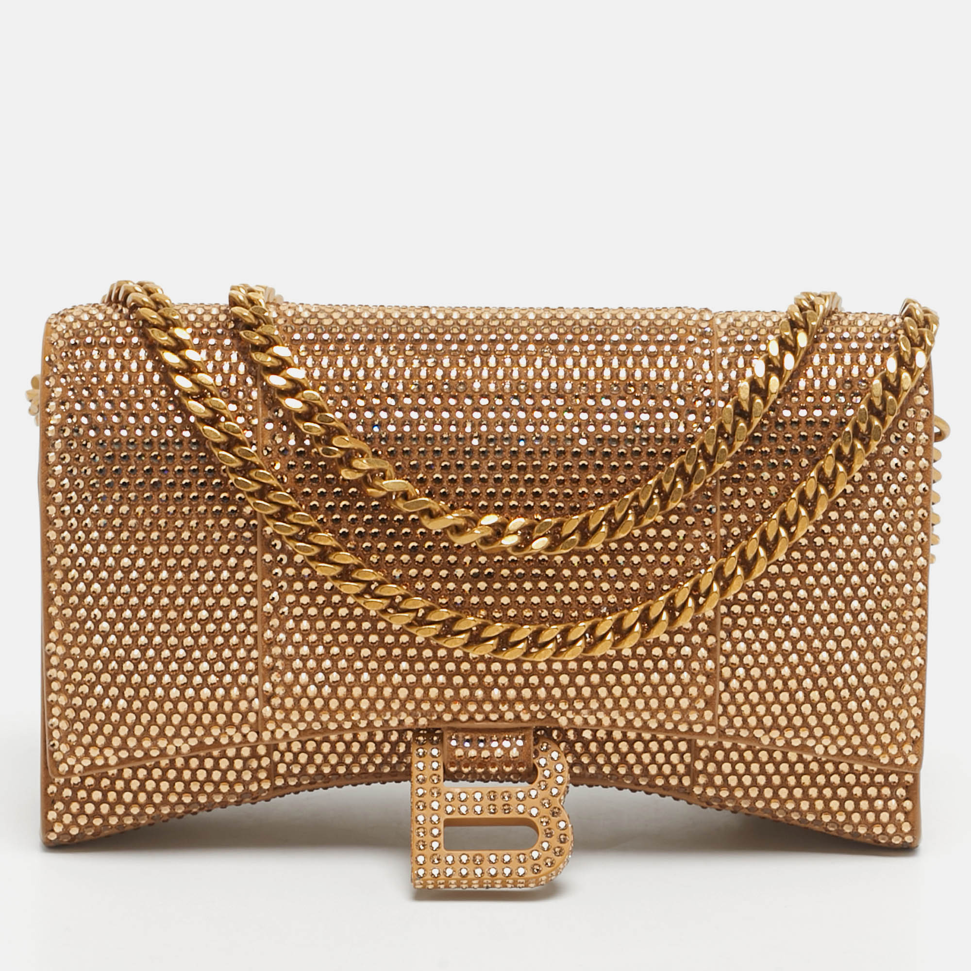 

Balenciaga Gold Suede Crystal Embellished Hourglass Wallet on Chain