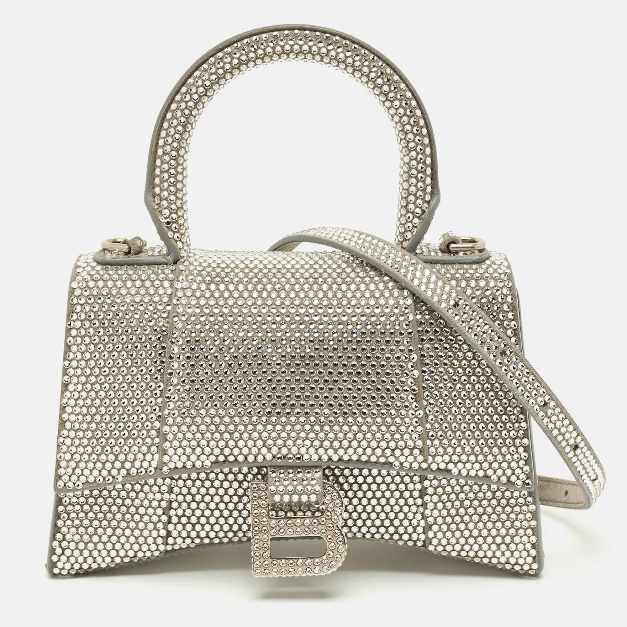 

Balenciaga Grey Suede Crystal Embellished  Hourglass Top Handle Bag