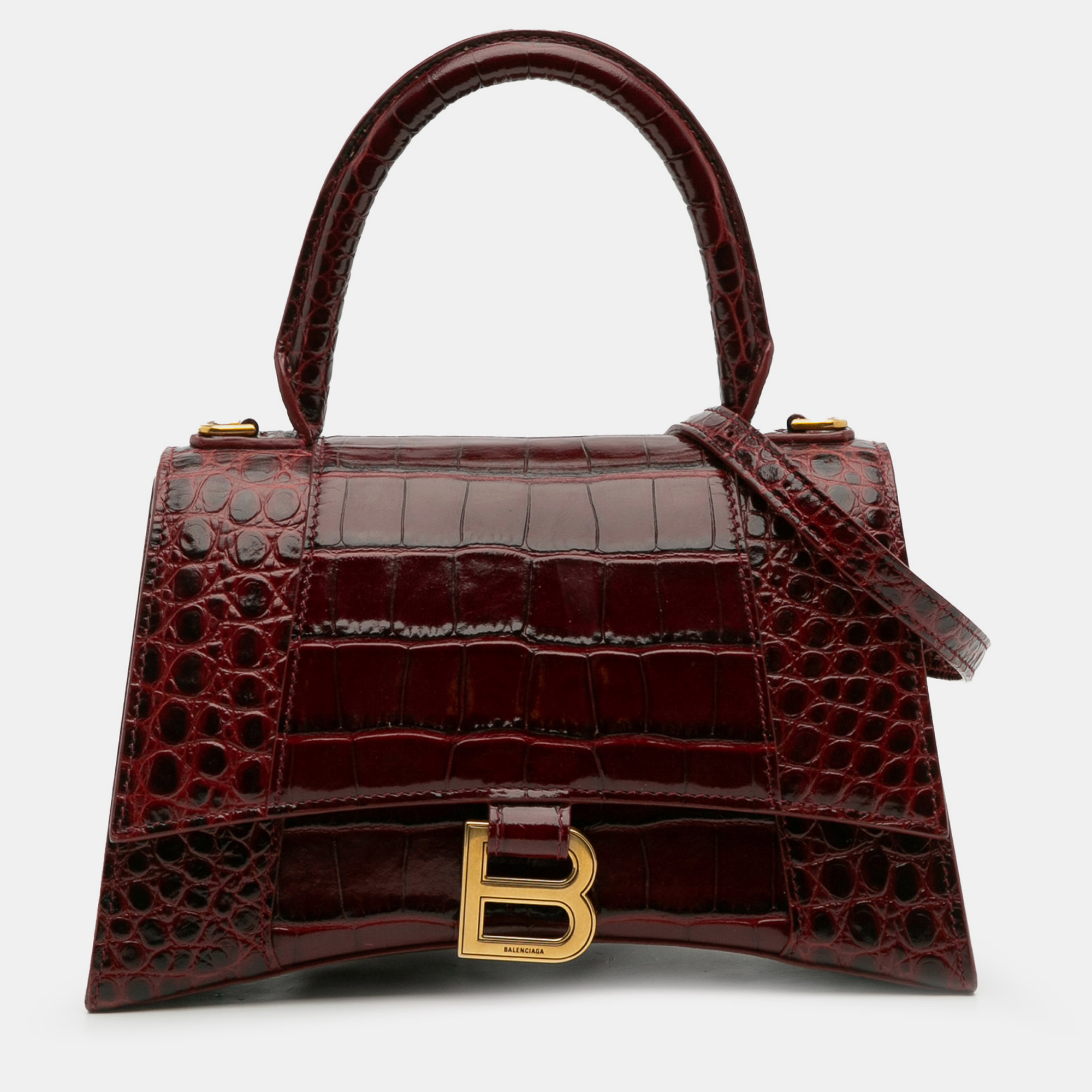 

Balenciaga Red Small Croc Embossed Hourglass Top Handle Bag