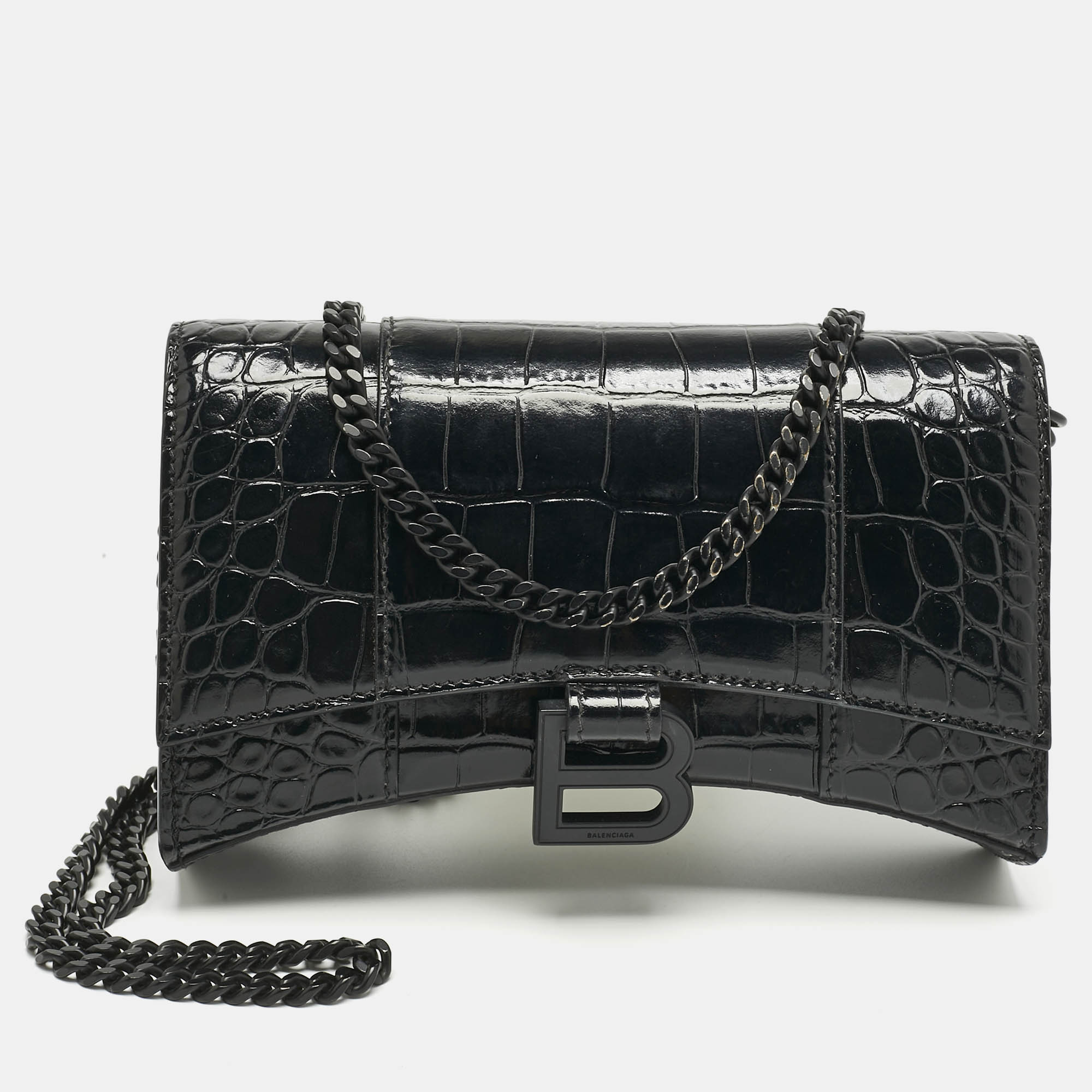 Click to view more detailed imagery on our partner's website Pre-owned Balenciaga Black Croc Embossed Leather Hourglass Wallet On Chain