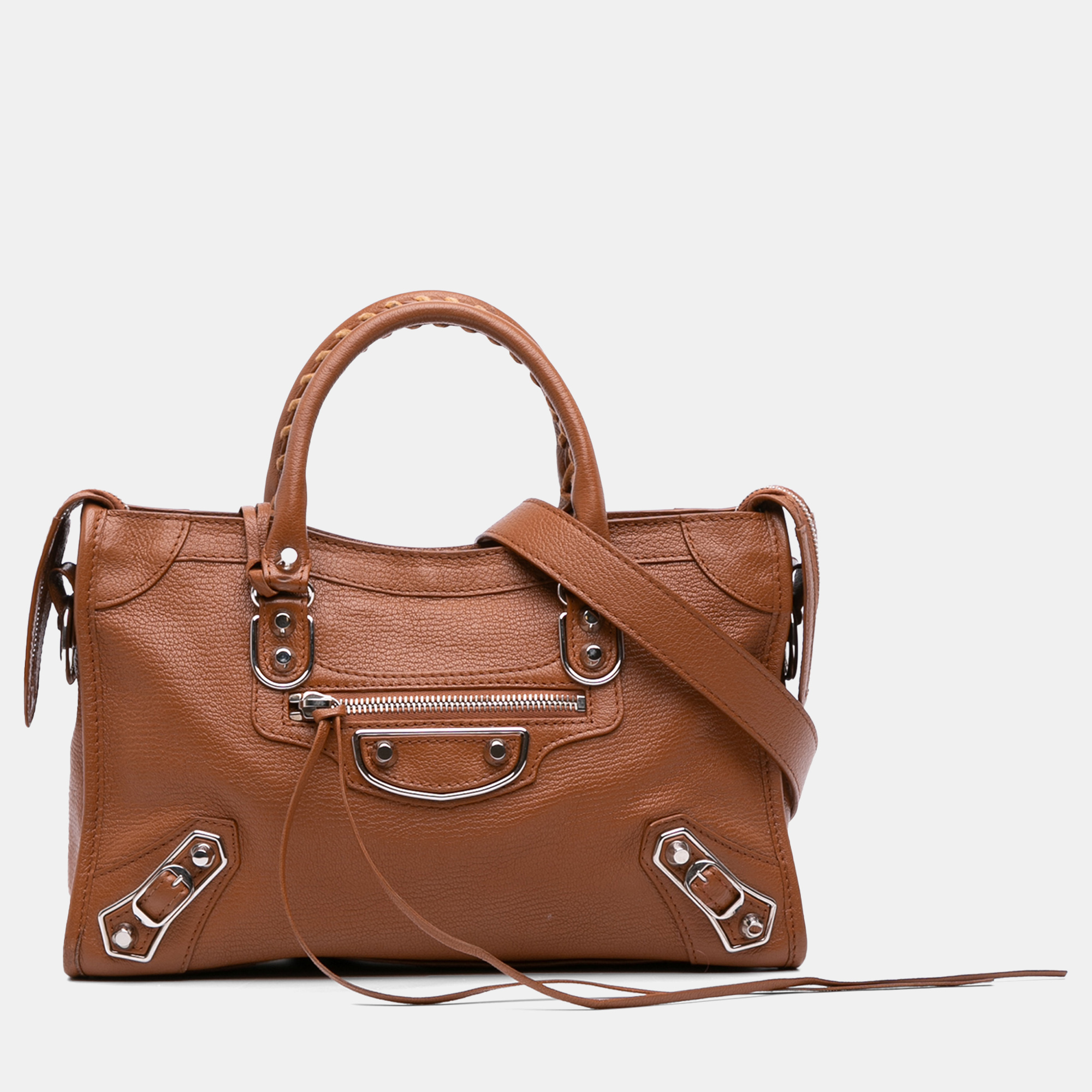 

Balenciaga Brown Small Chevre Motocross Classic Metallic Edge City Satchel