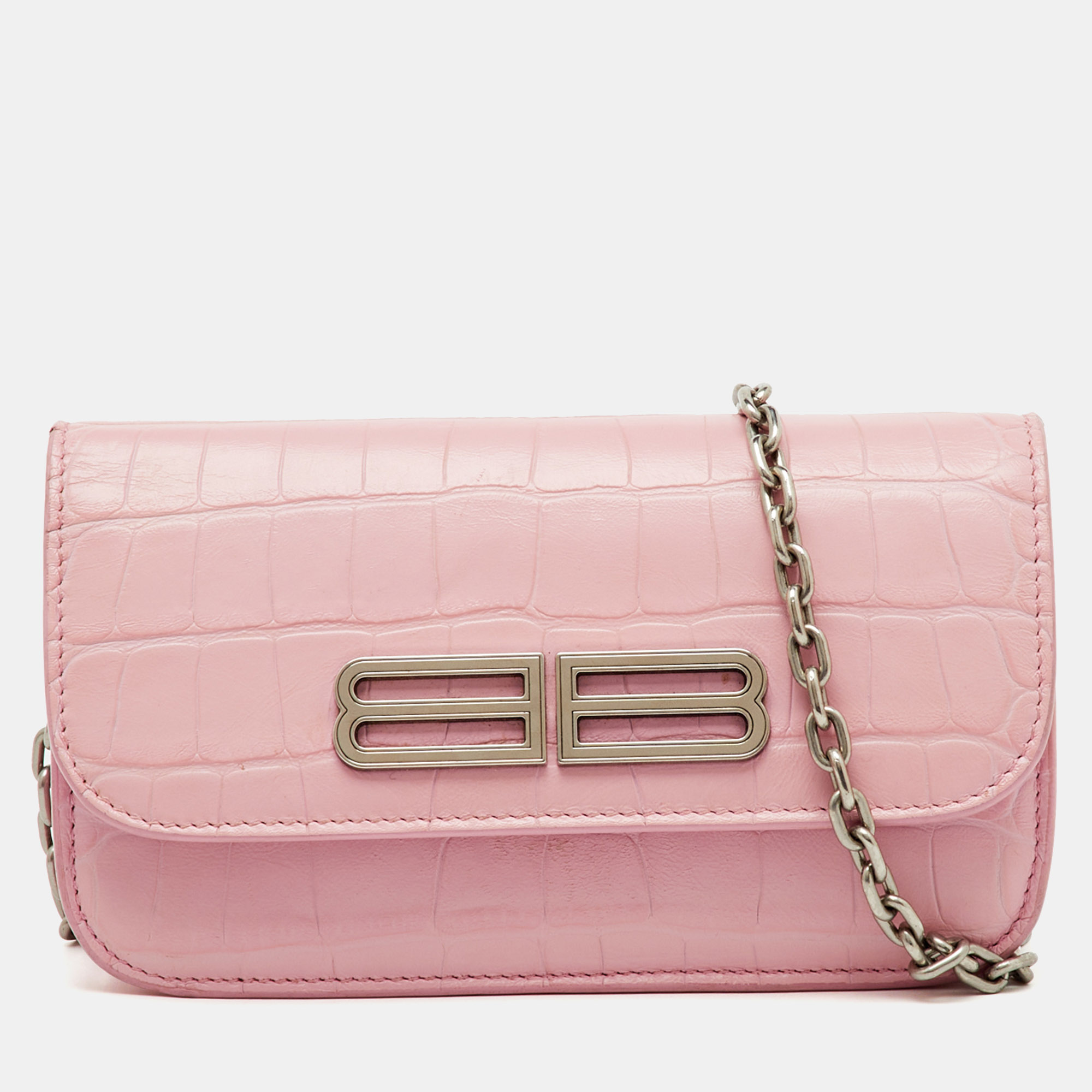 

Balenciaga Light Pink Croc Embossed Leather Gossip Wallet on Chain