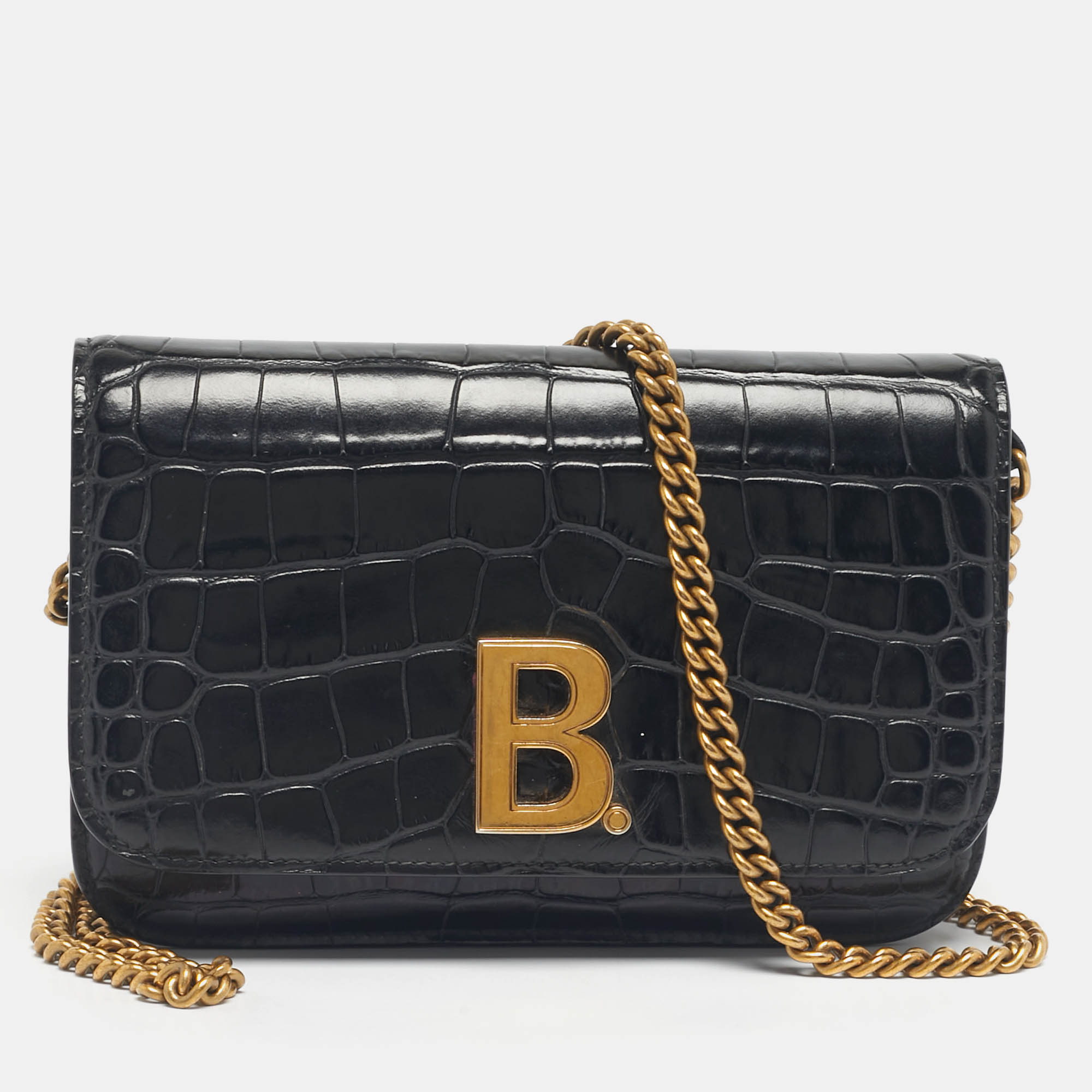 

Balenciaga Black Croc Embossed Leather B. Wallet On Chain