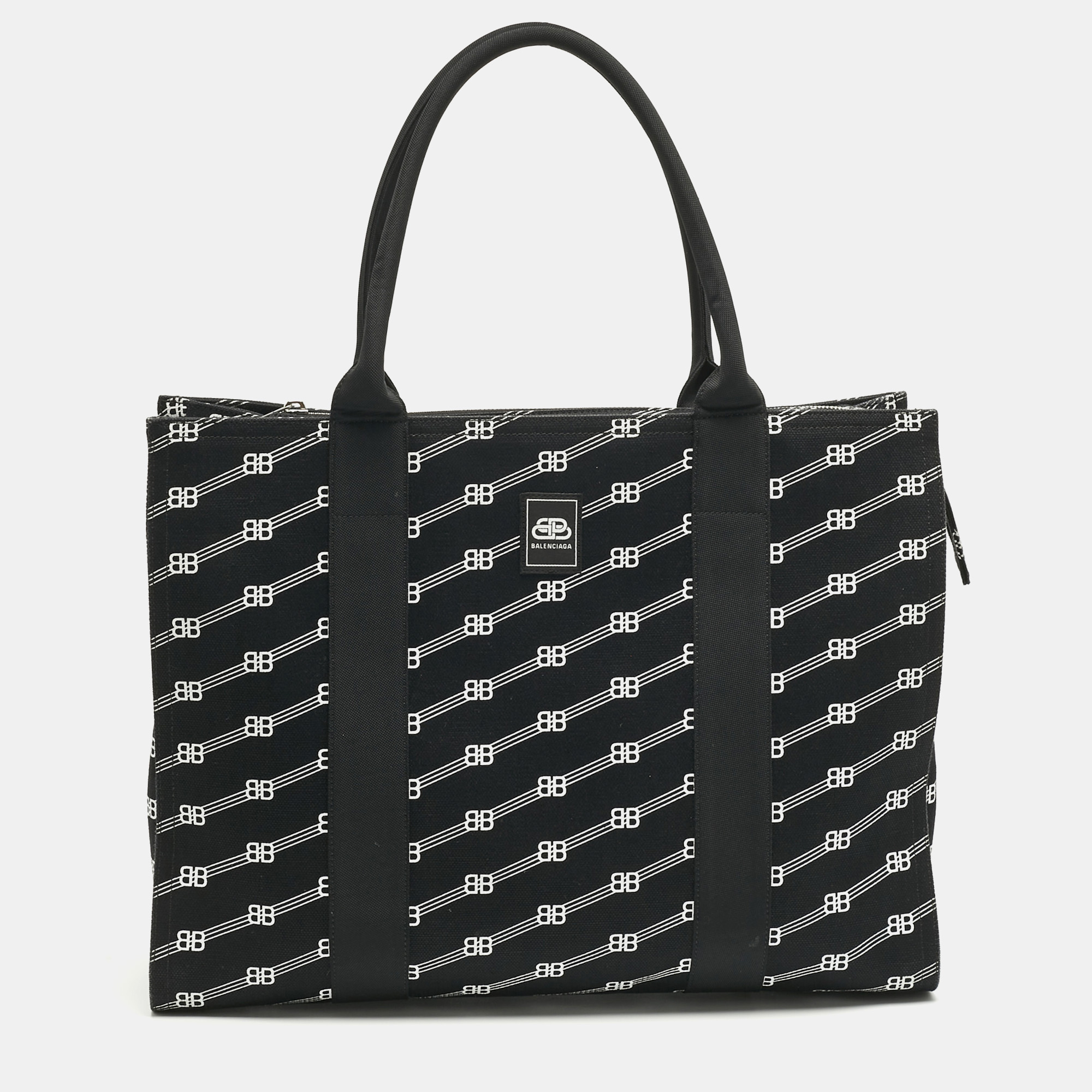 Pre-owned Balenciaga Black/white Bb Monogram Canvas Trade Tote
