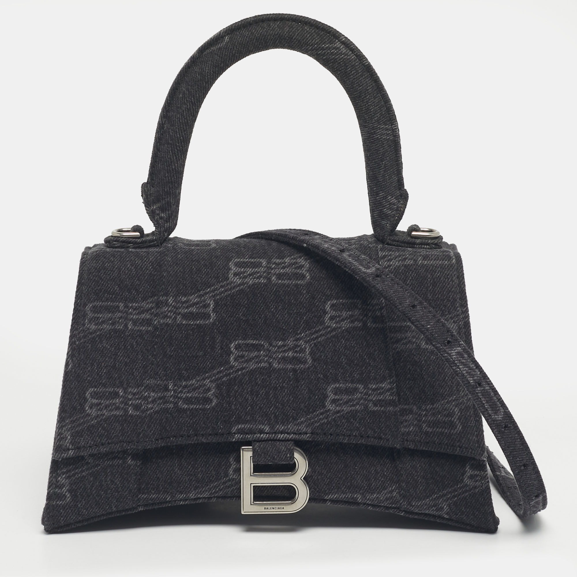 Balenciaga Black BB Monogram Denim Small Hourglass Top Handle Bag
