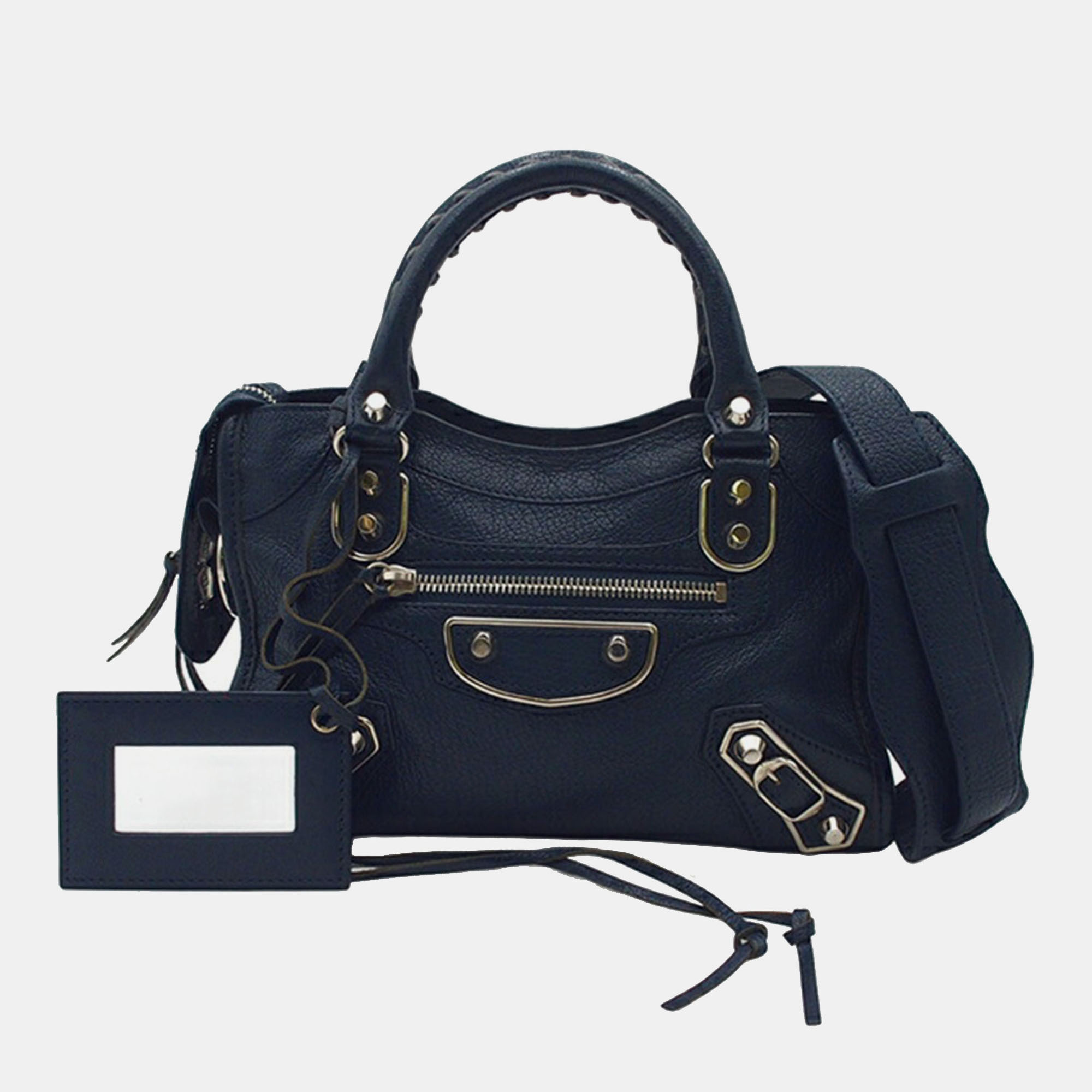 

Balenciaga Navy Blue Mini Chevre Motocross Classic Metallic Edge City Satchel