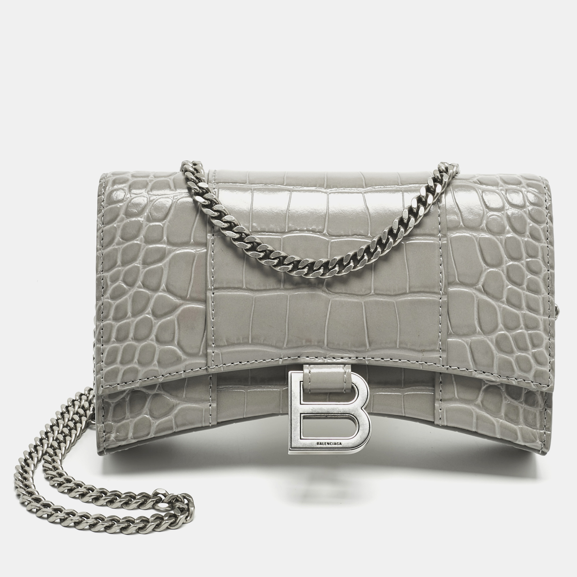 

Balenciaga Grey Croc Embossed Leather Hourglass Wallet on Chain