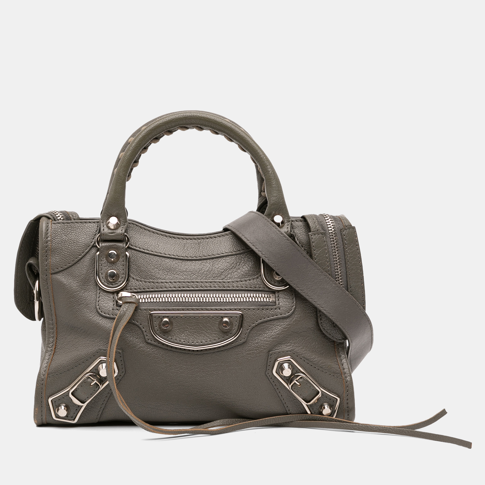 

Balenciaga Grey Mini Chevre Motocross Classic Metallic Edge City Satchel