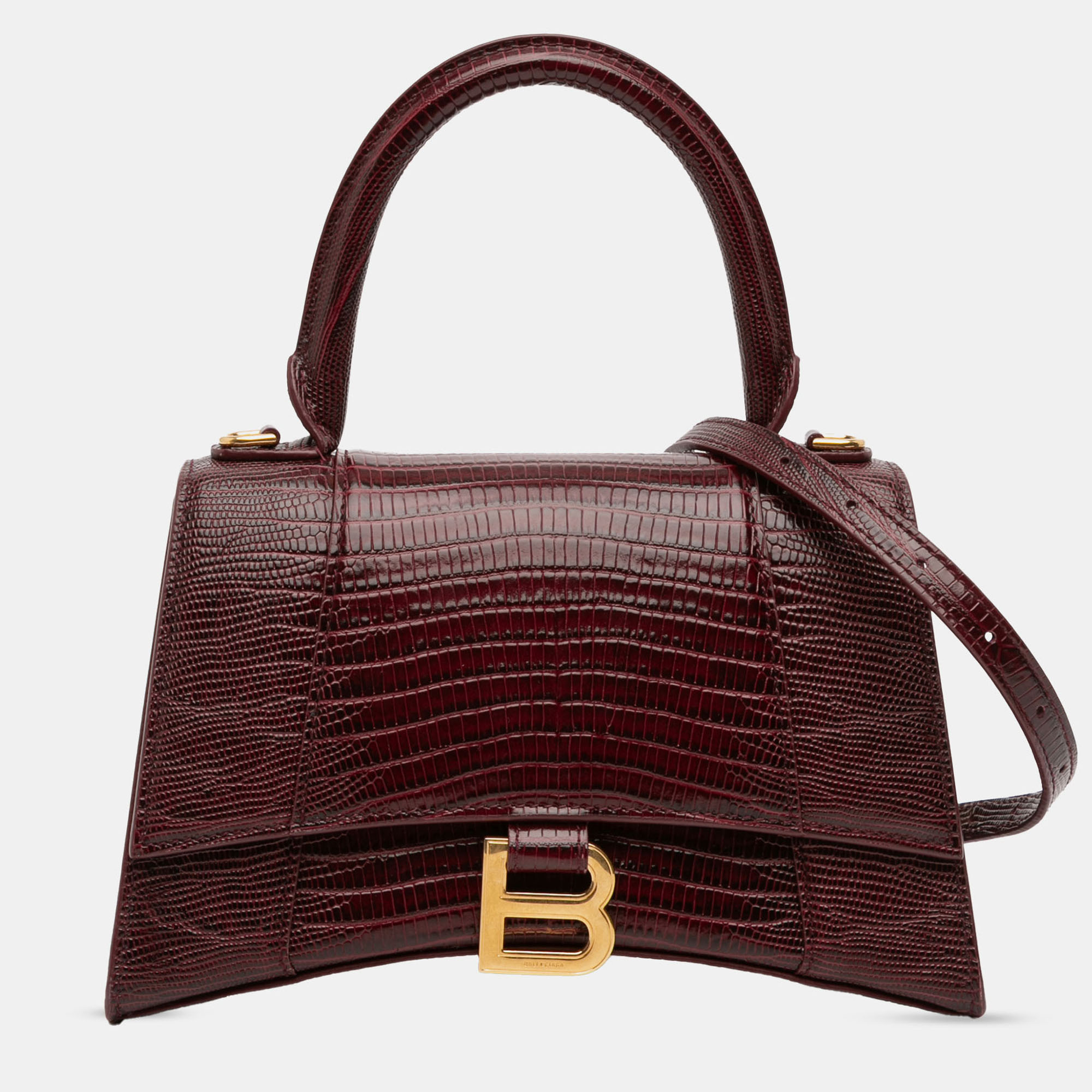 

Balenciaga Burgundy Small Lizard Embossed Calfskin Hourglass Top Handle Bag