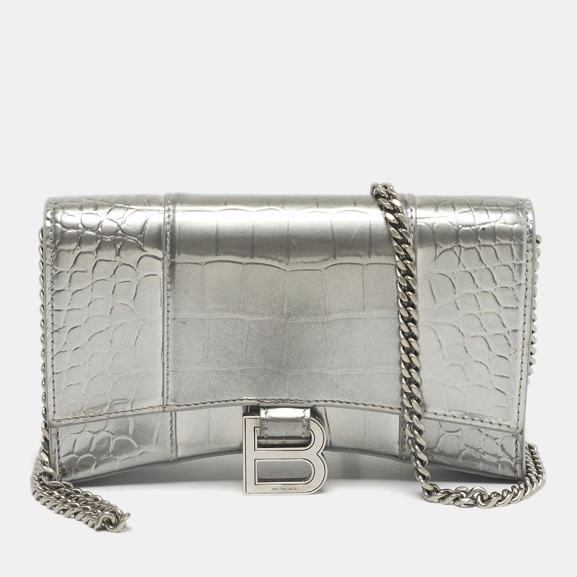 

Balenciaga Silver Croc Embossed Patent Leather Hourglass Wallet on Chain