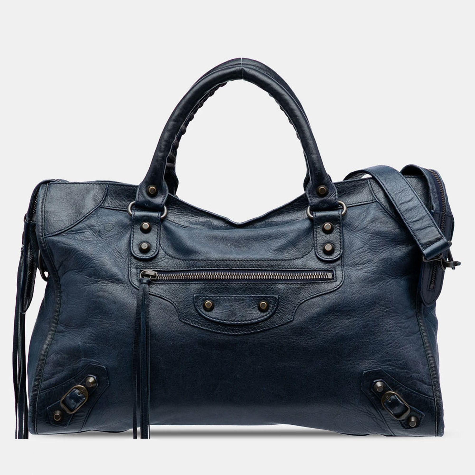 

Balenciaga Navy Blue Lambskin Motocross Classic City Satchel