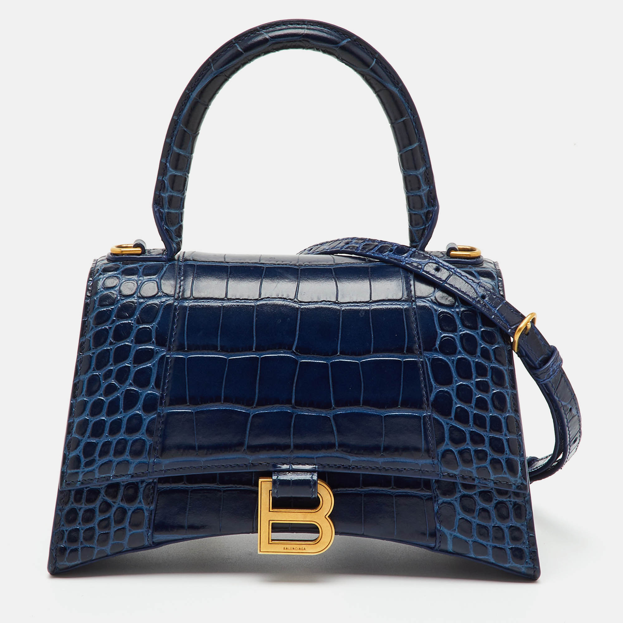 

Balenciaga Navy Blue Croc Embossed Leather  Hourglass Top Handle Bag
