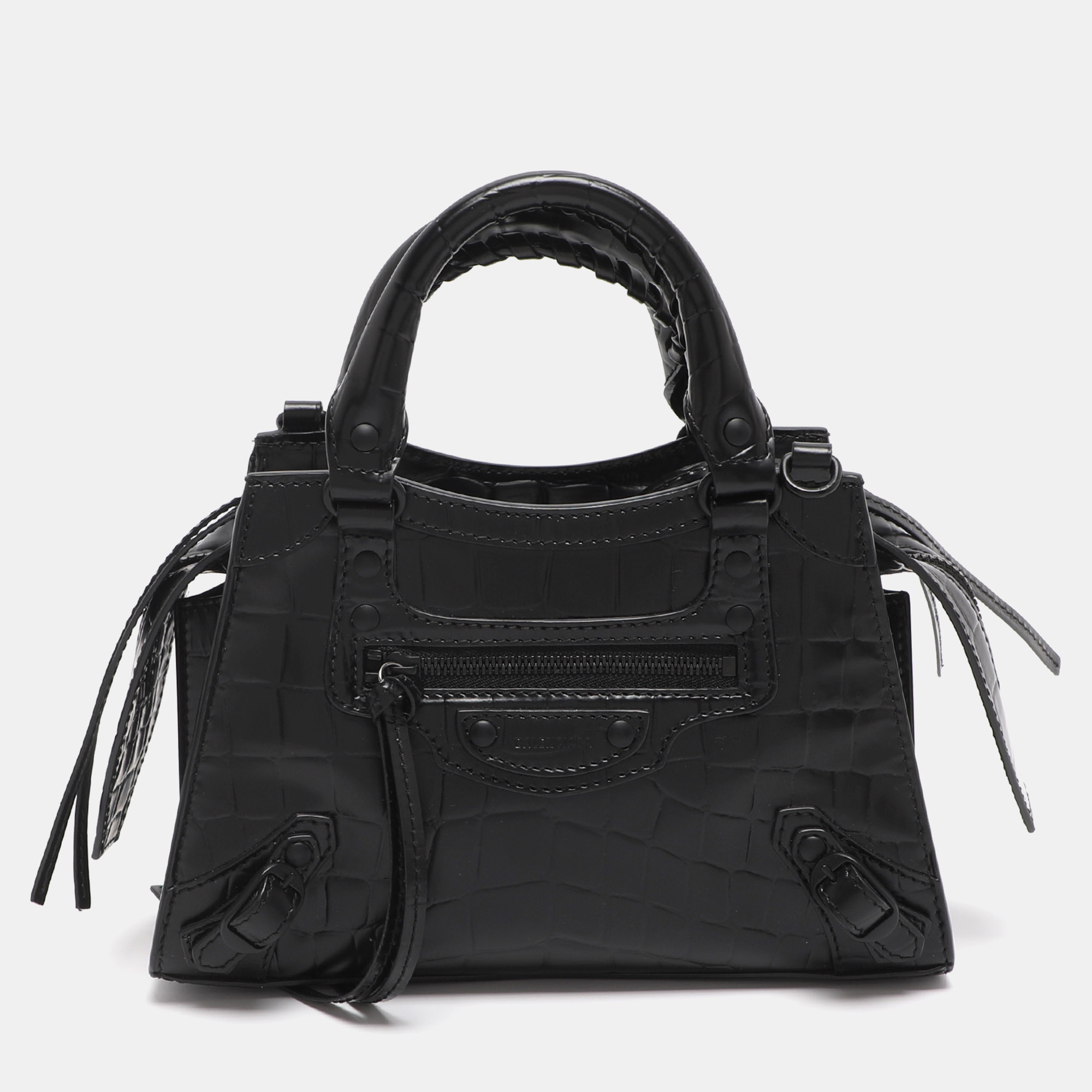 Pre-owned Balenciaga Black Croc Embossed Leather Mini Neo Classic City Tote