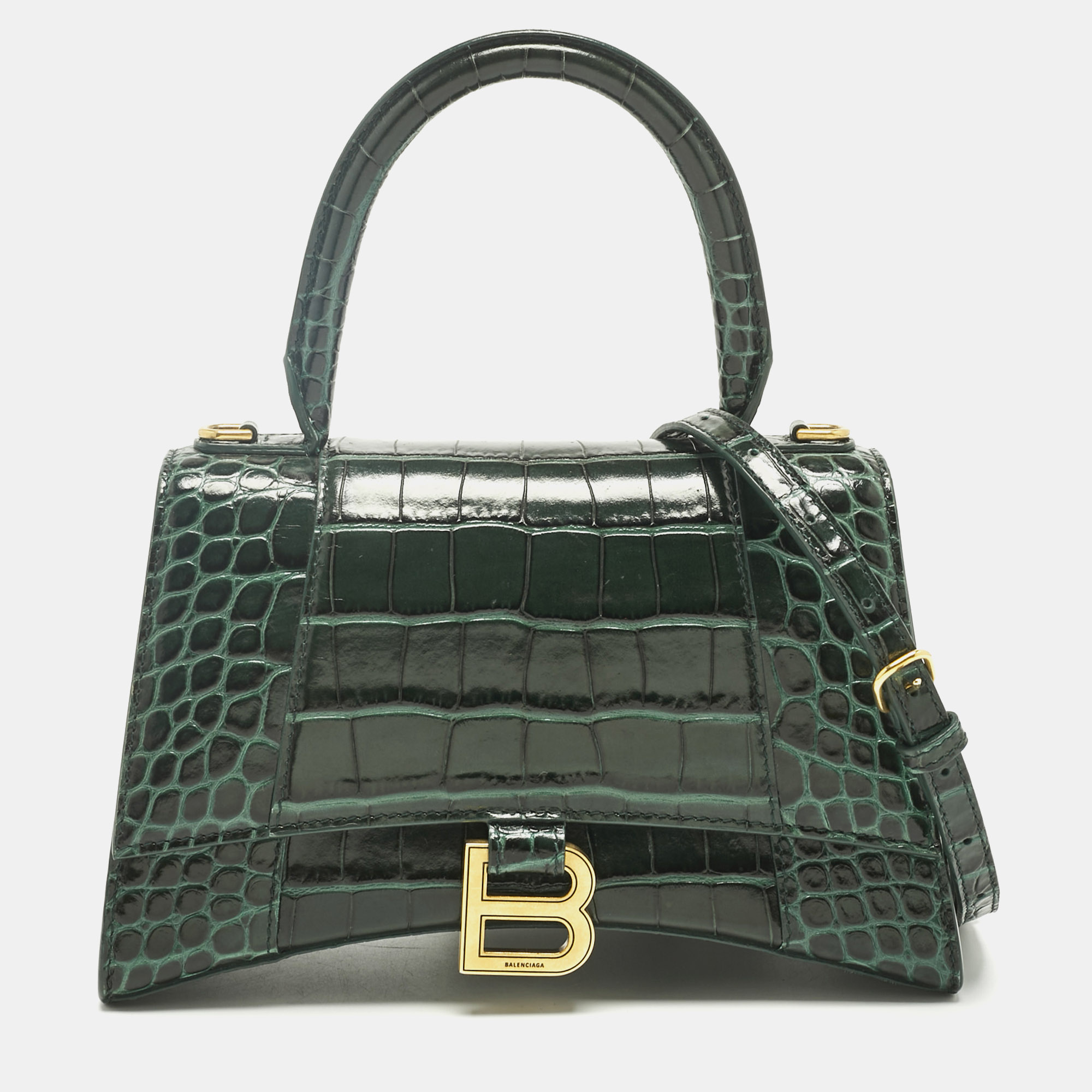 

Balenciaga Green Croc Embossed Leather Small Hourglass Top Handle Bag