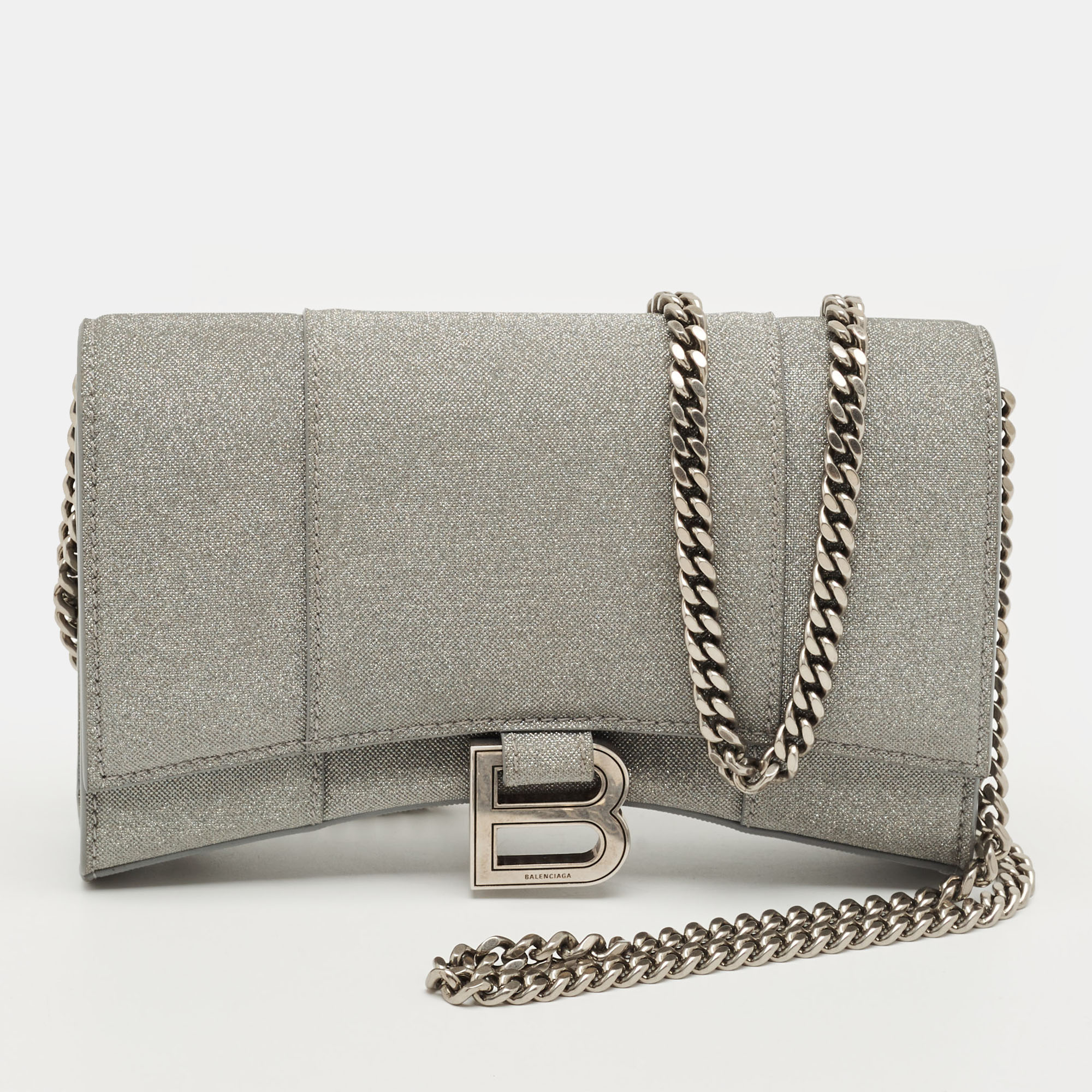 BALENCIAGA Pre-owned Grey Glitter Leather Hourglass Wallet On Chain In Gray