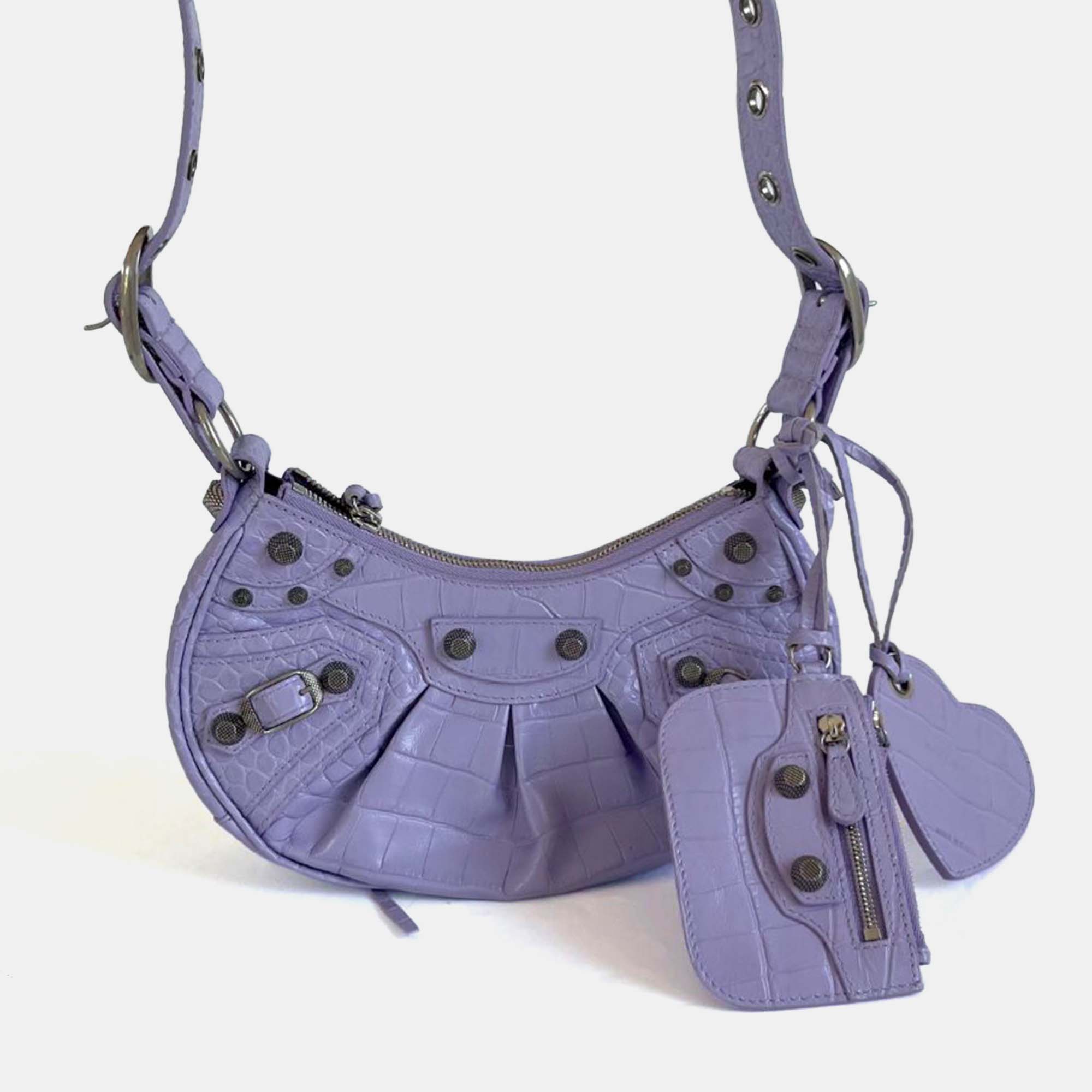 

Balenciaga Le Cagole  Shoulder Bag Crocodile Embossed Calfskin, Purple