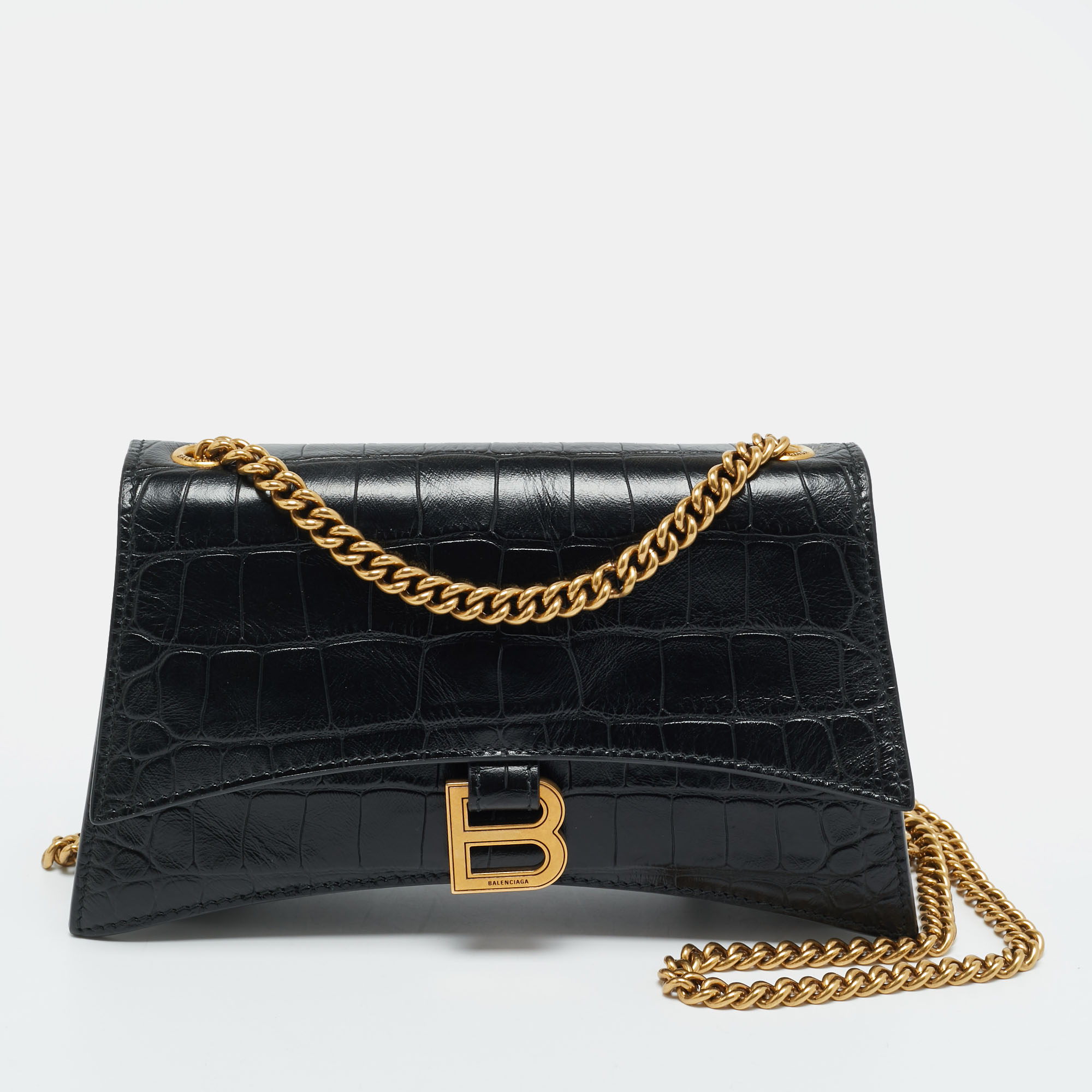 

Balenciaga Black Croc Embossed Leather Small Hourglass Top Handle Bag