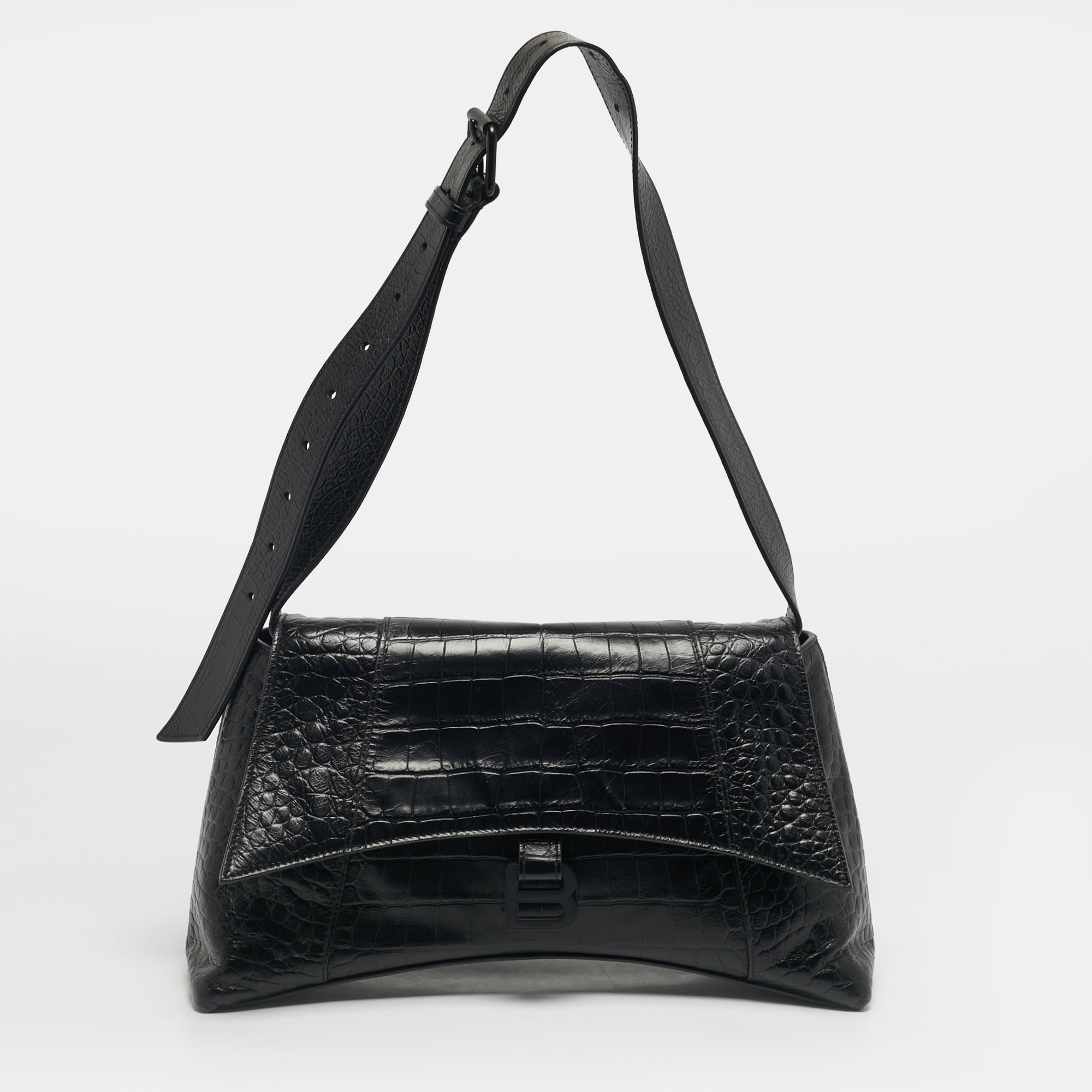 

Balenciaga Black Croc Embossed Leather Hourglass Shoulder Bag