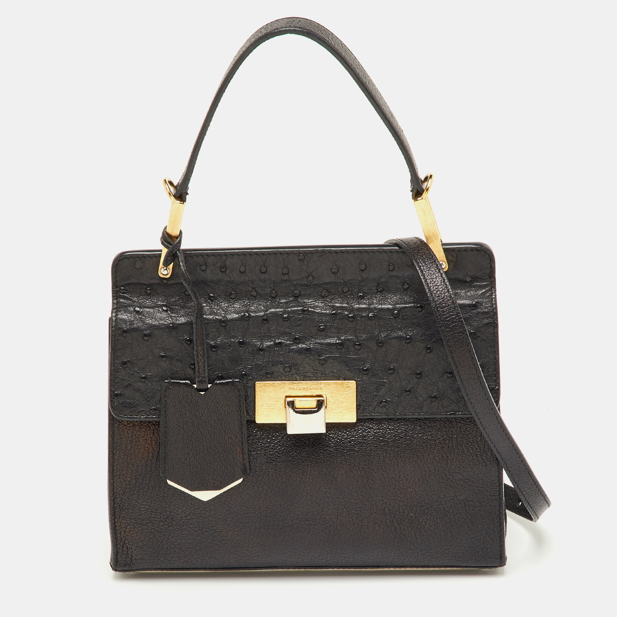 

Balenciaga Black Leather and Ostrich Le Dix Cartable Top Handle Bag