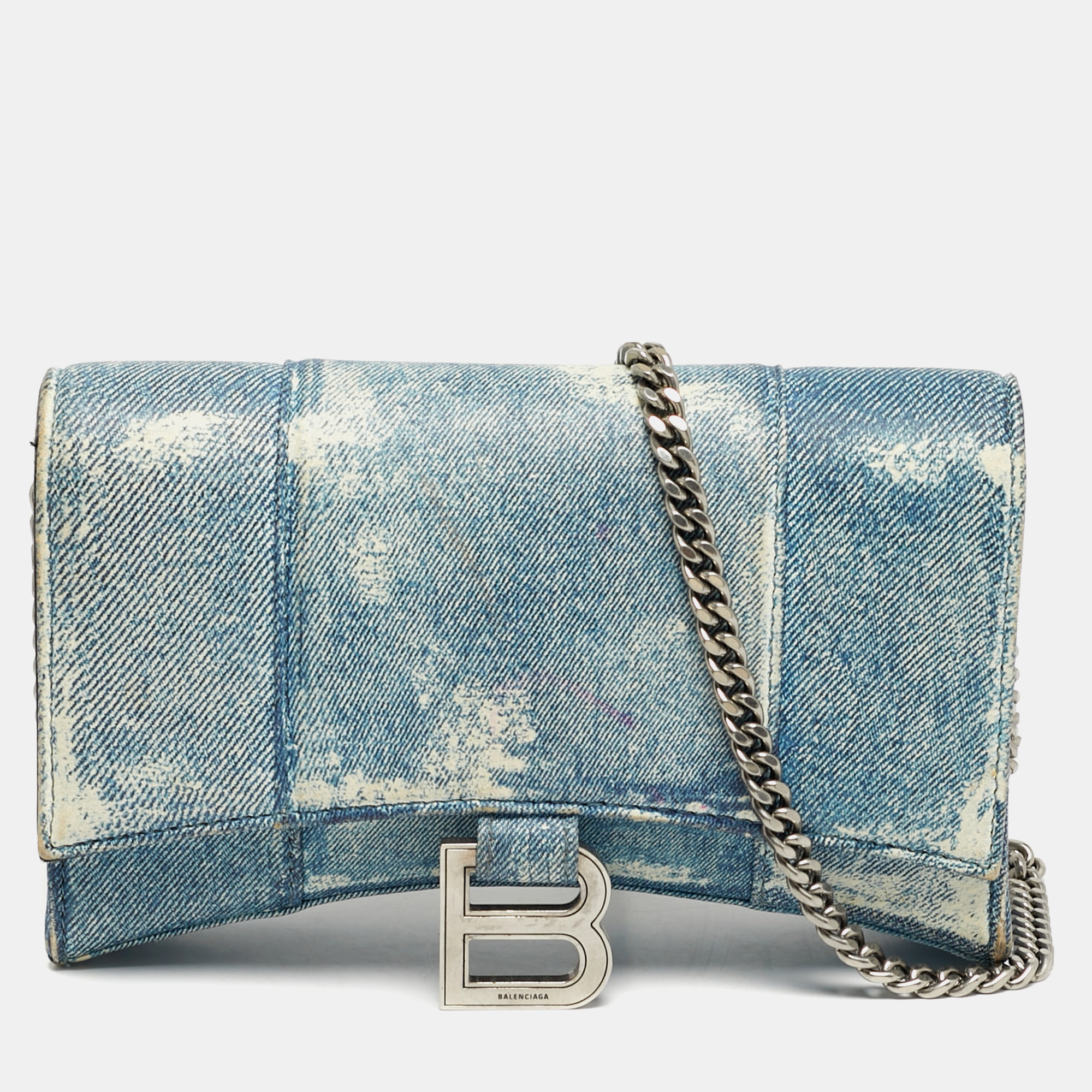 

Balenciaga Hourglass Blue Denim Print Leather Wallet On Chain