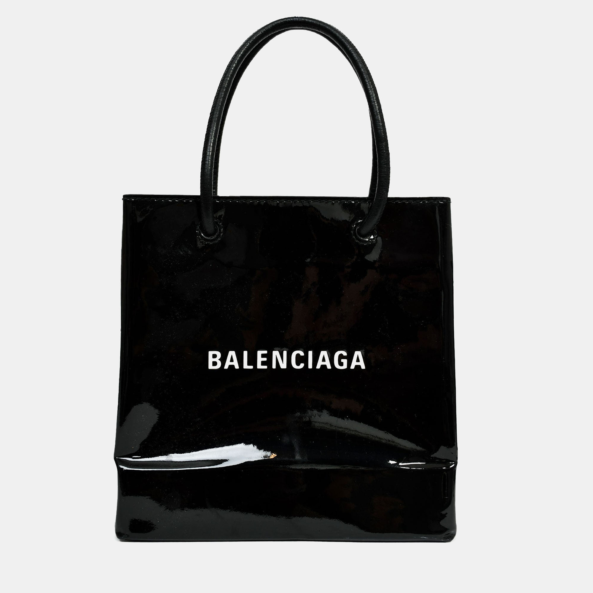 

Balenciaga Black Patent Logo  Shopping Tote Bag With Strap