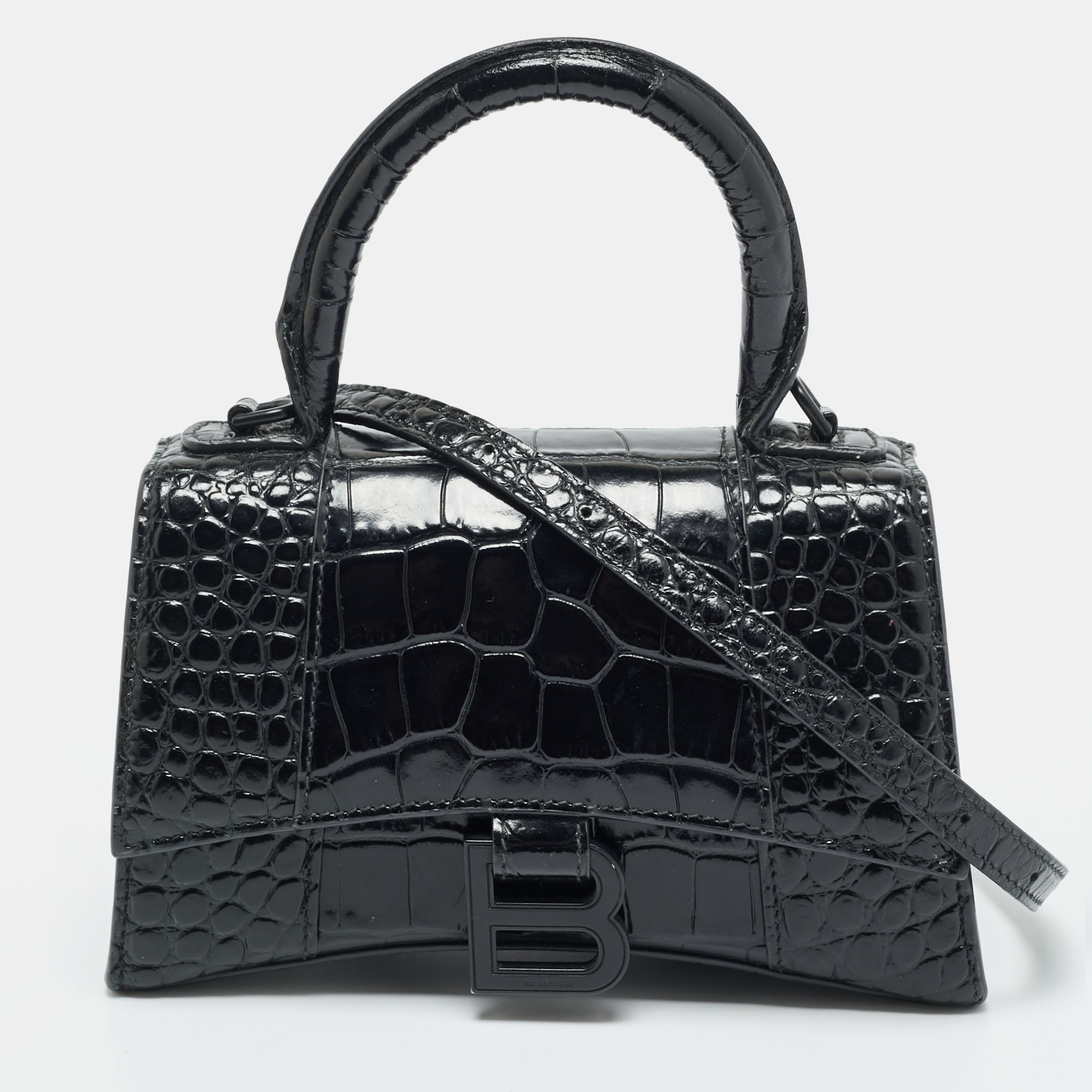 Balenciaga Hourglass XS Black Croc Embossed Leather Top Handle Bag