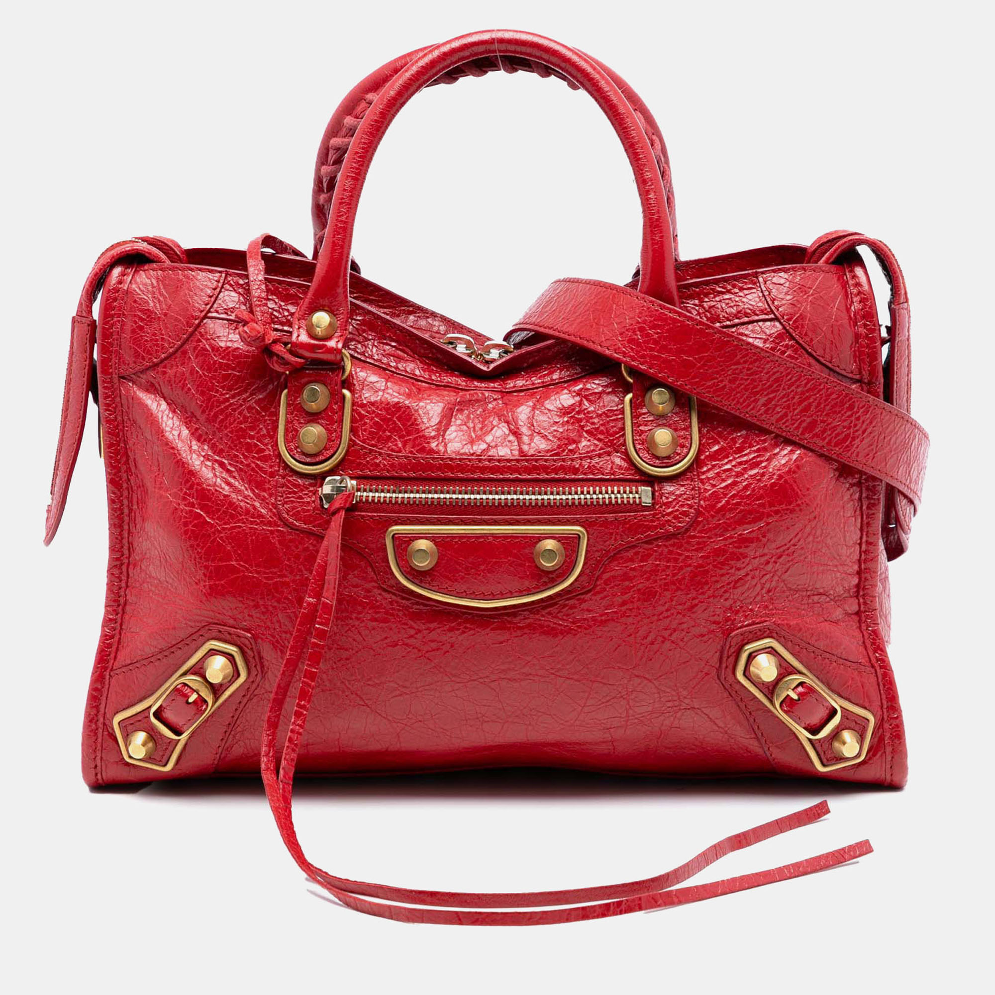 

Balenciaga Red Small Lambskin Motocross Classic Metallic Edge City Satchel