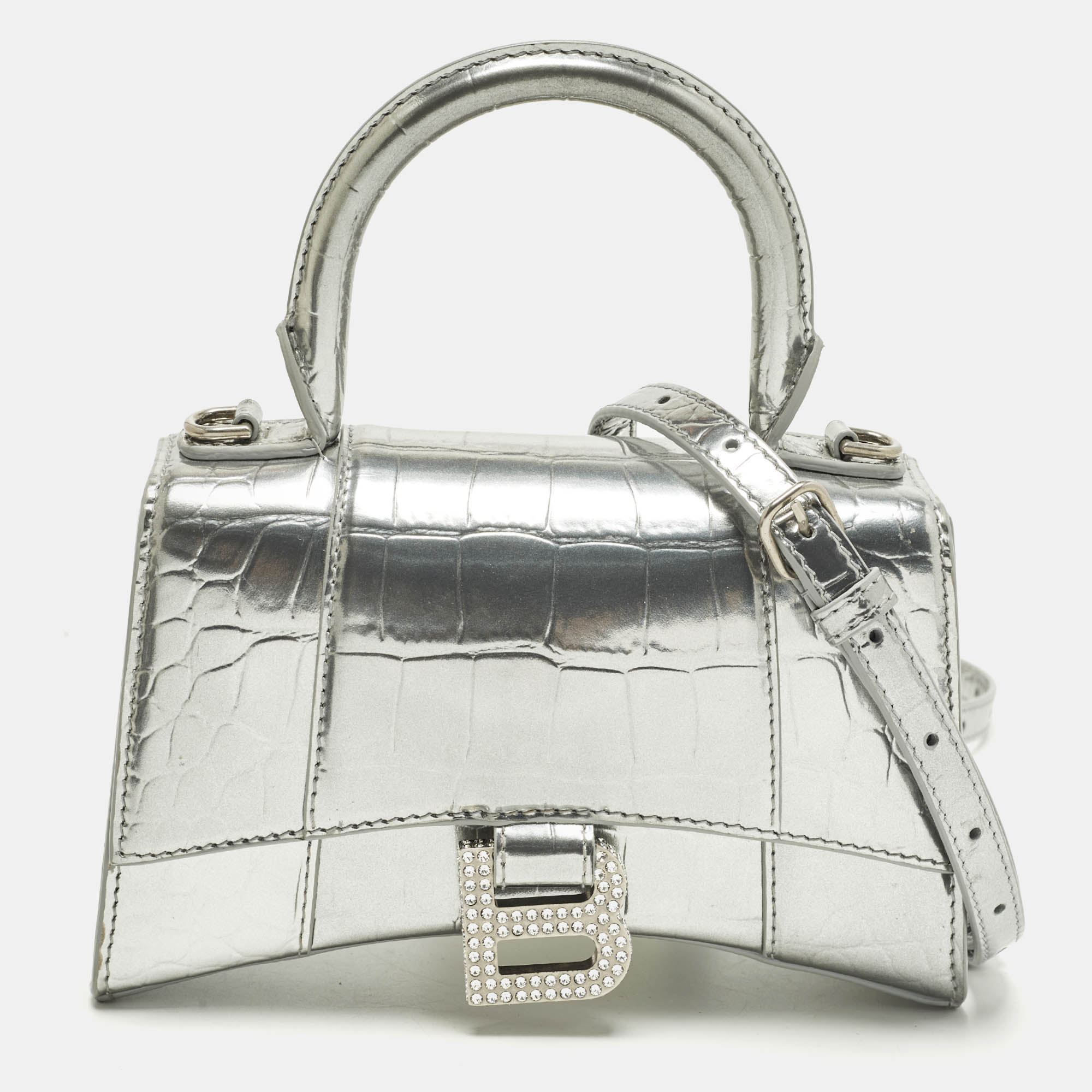 

Balenciaga Hourglass  Silver Croc Embossed Leather Top Handle Bag