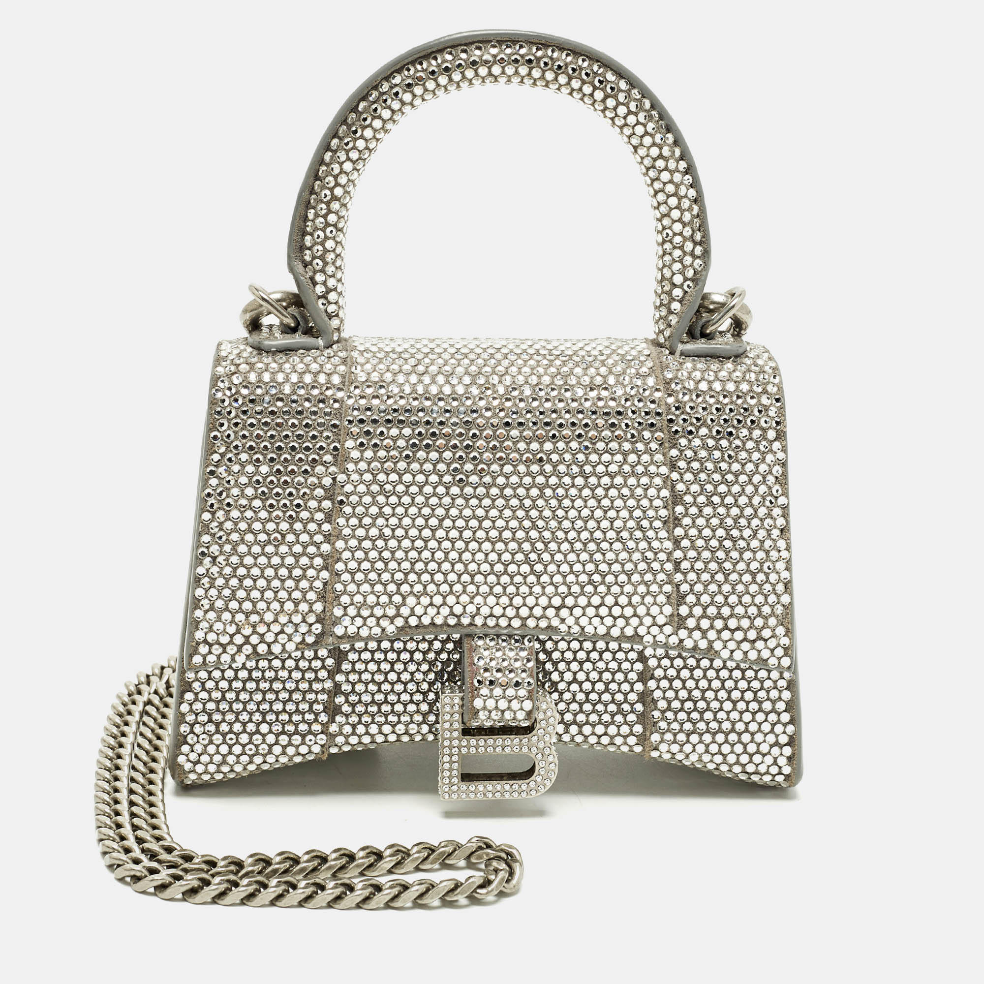 

Balenciaga Hourglass Crystal Mini Silver Suede Top Handle Bag