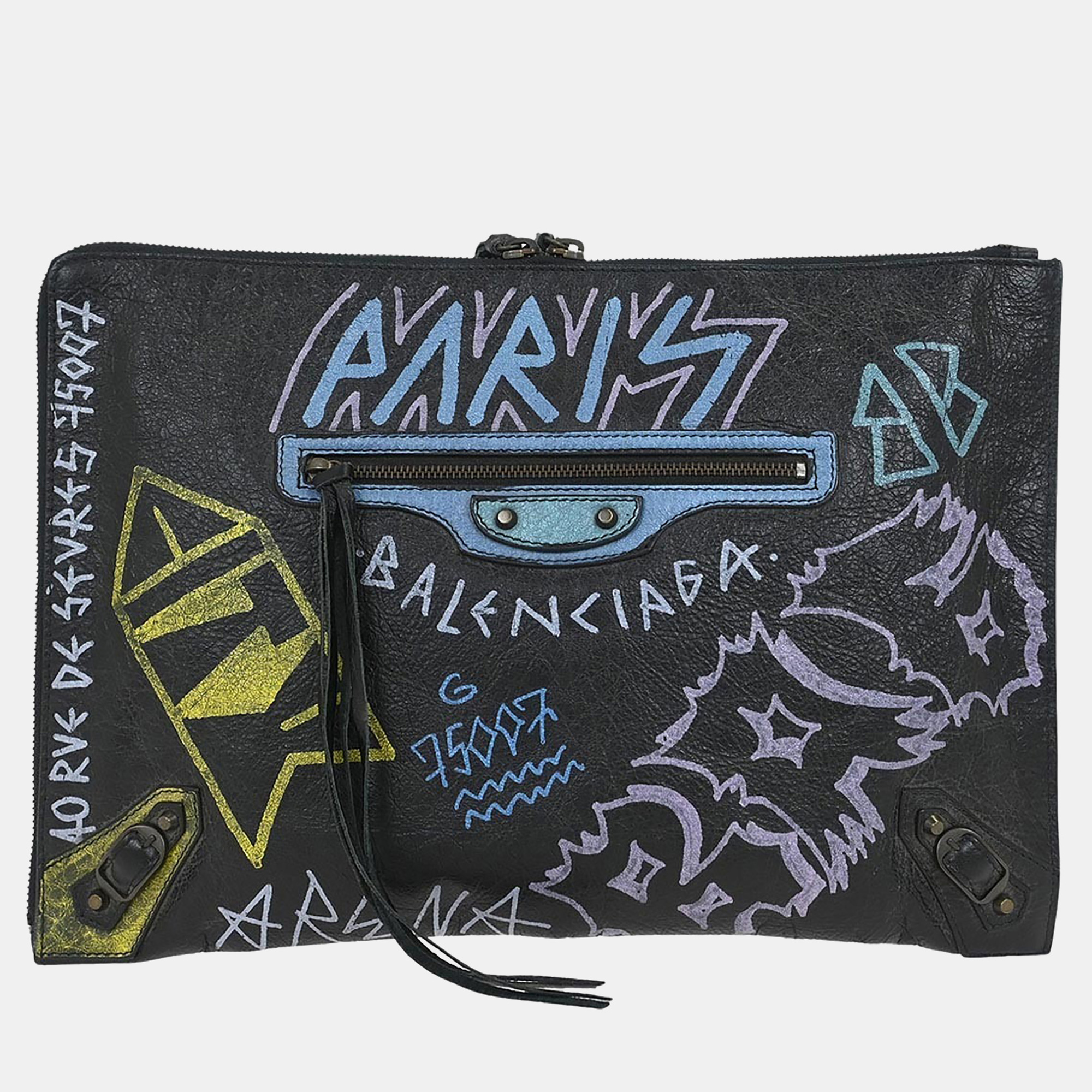 

Balenciaga Black Lambskin Graffiti Print Clutch Bag