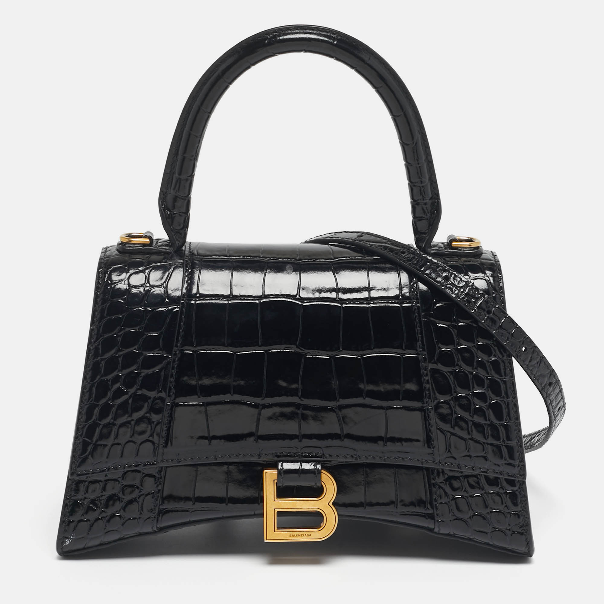 

Balenciaga Hourglass Small Black Croc Embossed Leather Top Handle Bag