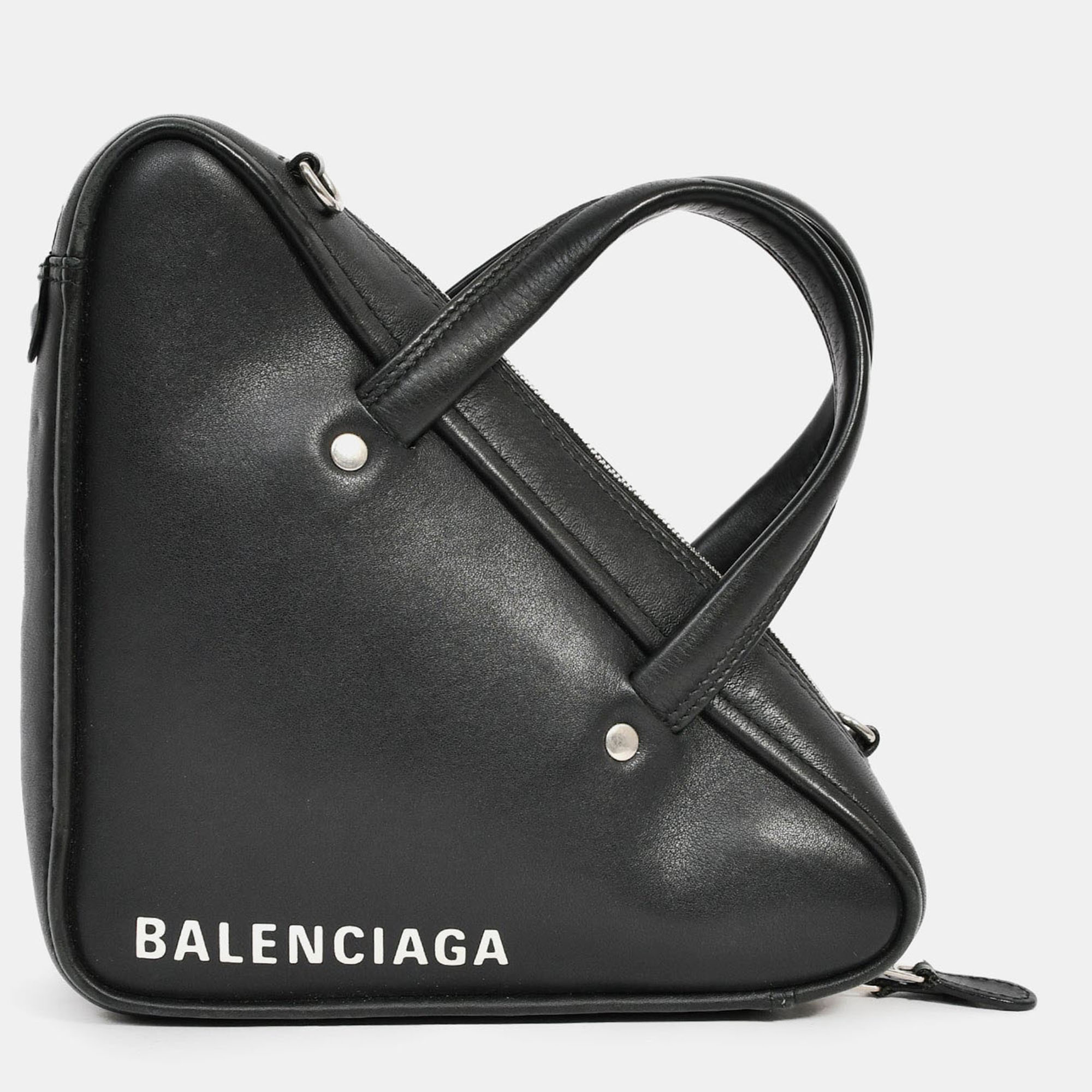 

Balenciaga Black Leather Logo Triangle Top Handle Bag with Strap