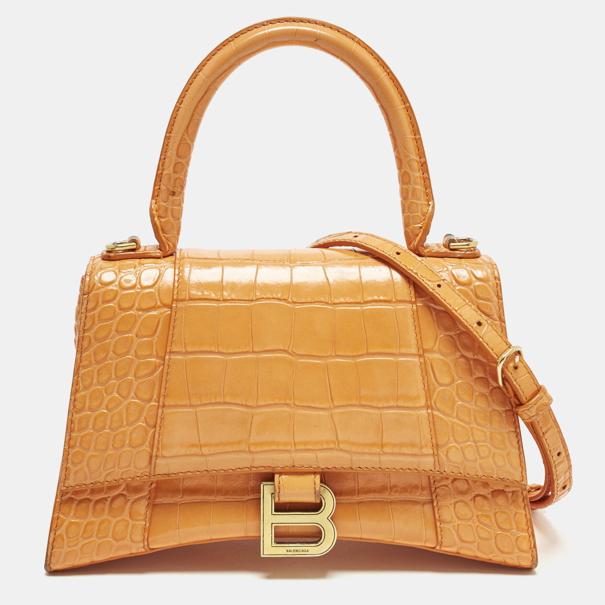 

Balenciaga Hourglass  Croc Embossed LeatherTop Handle Bag, Orange