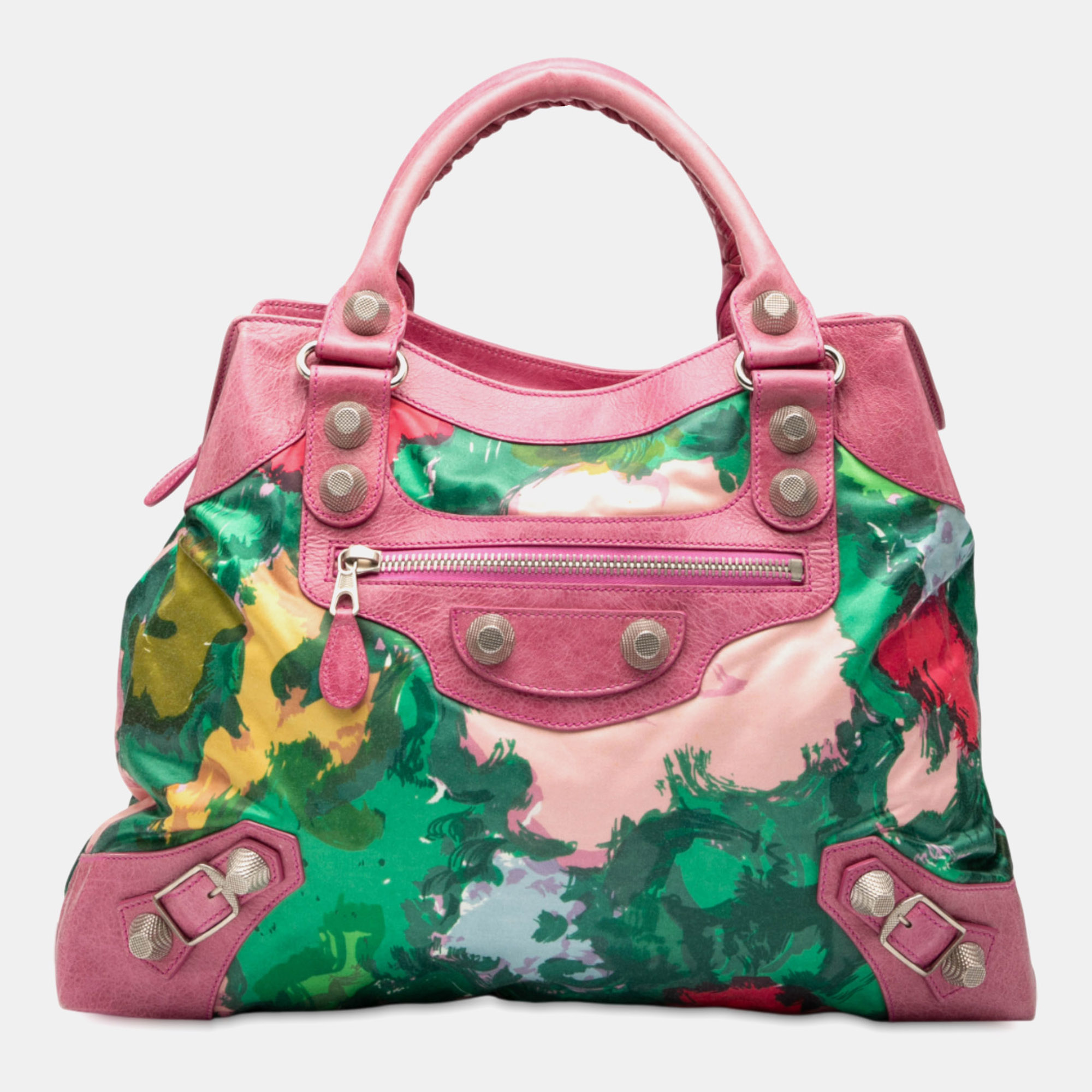 

Balenciaga Pink Lambskin and Satin Floral Print Motocross Giant 21 Brief Satchel