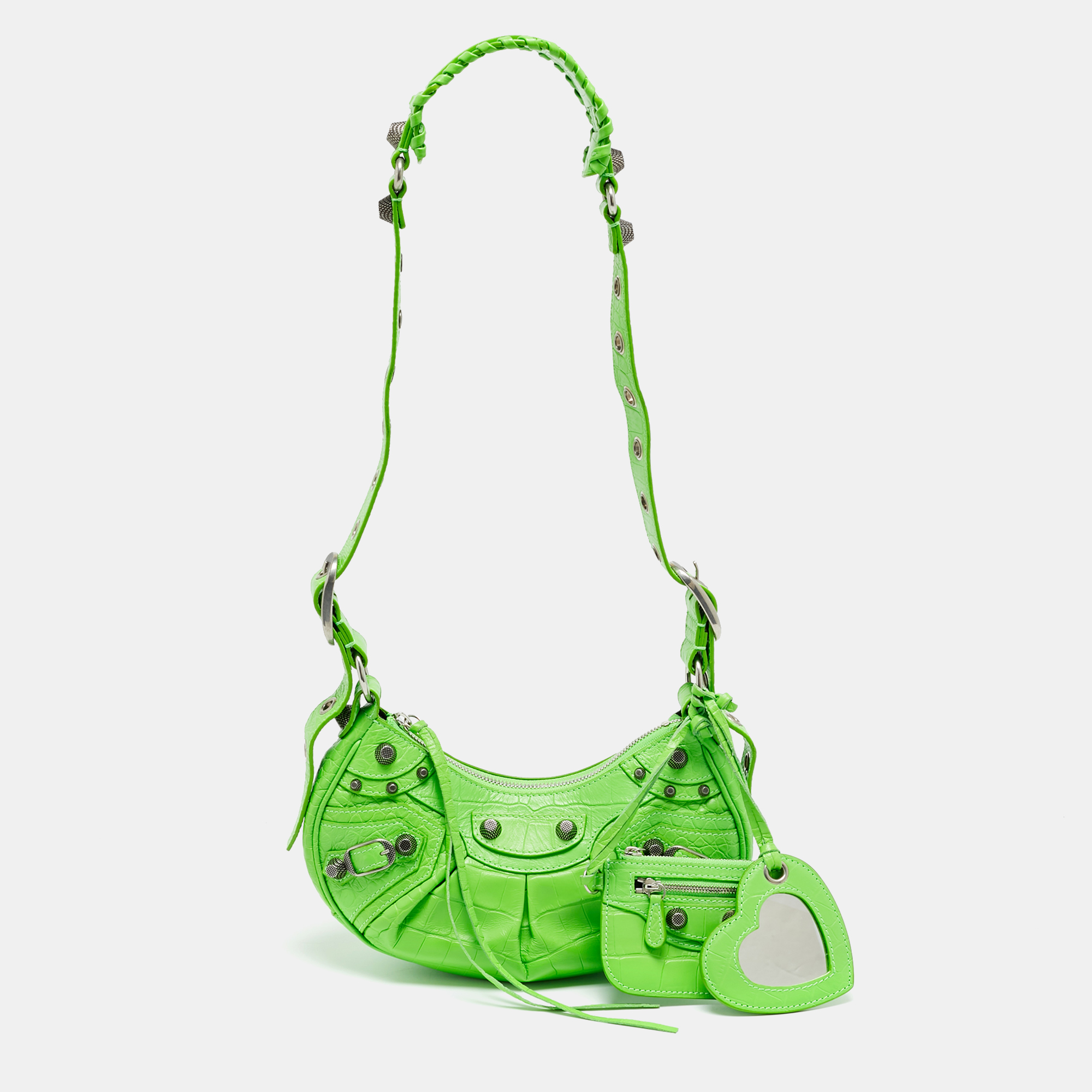 

Balenciaga Le Cagole  Green Croc Embossed Leather Shoulder Bag