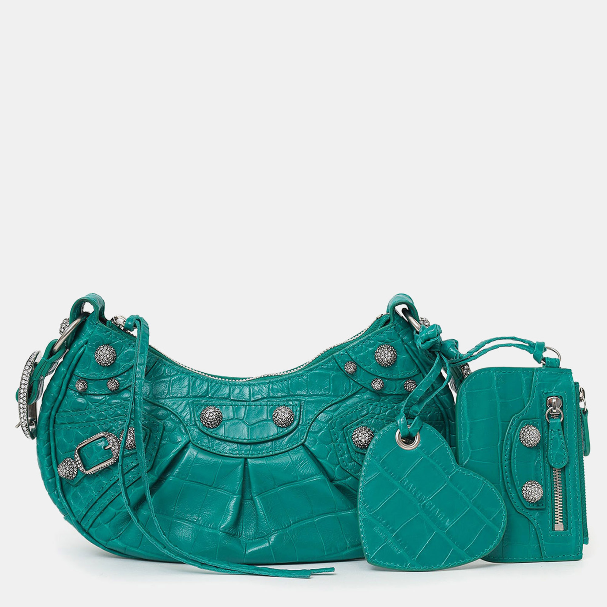

Balenciaga Green Leather Croc Embossed/Crystal Le Cagole Handbag
